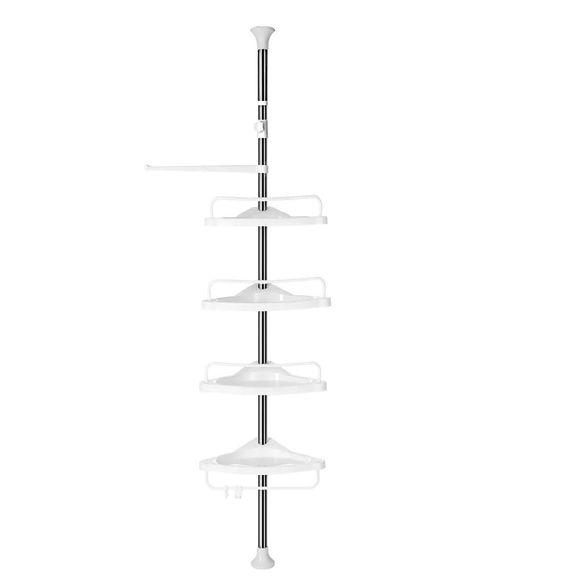 Étagère de douche télescopique étagère d’angle de salle de bain hauteur 95-300 cm du sol au plafond poteau en inox 4 plateaux 3 crochets 1 porte-serviettes blanc et argent 12_0002733