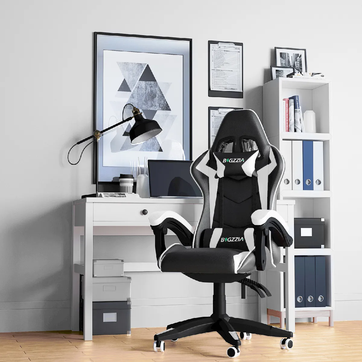 Chaise de Gaming Ergonomique, Fauteuil gamer, Dossier Inclinable à 155, avec Lombaire&Appui-Tête Appui, chaise gamer, PU Cuir Chaise Bureau, fauteuil gamer, chaise bureau gaming, Noir Blanc