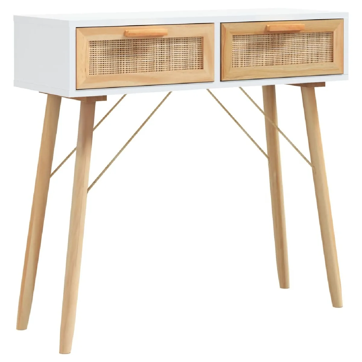 Table console - Meuble d'entrée - Table d'appoint Blanc 80x30x75 cm Bois massif pin /rotin naturel -GKD71037