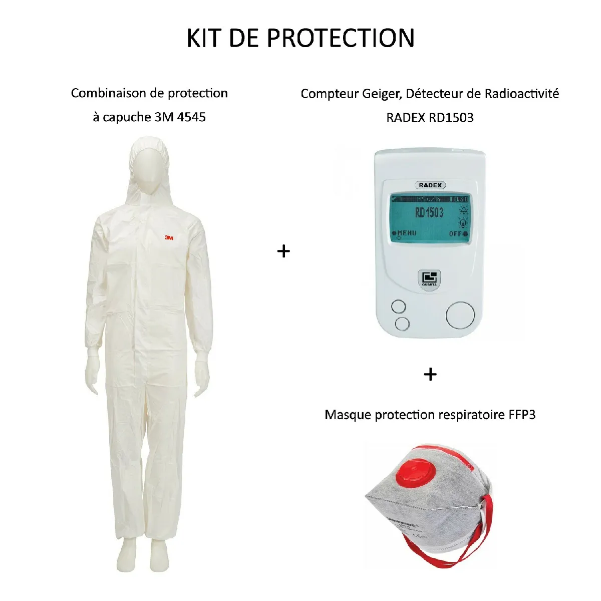 PACK Compteur Geiger Détecteur de Radioactivité Nucléaire RADEX RD1503 + Vêtements de protection à capuche Combinaison 3M 4545 Taille 2XL + Masque FFP3