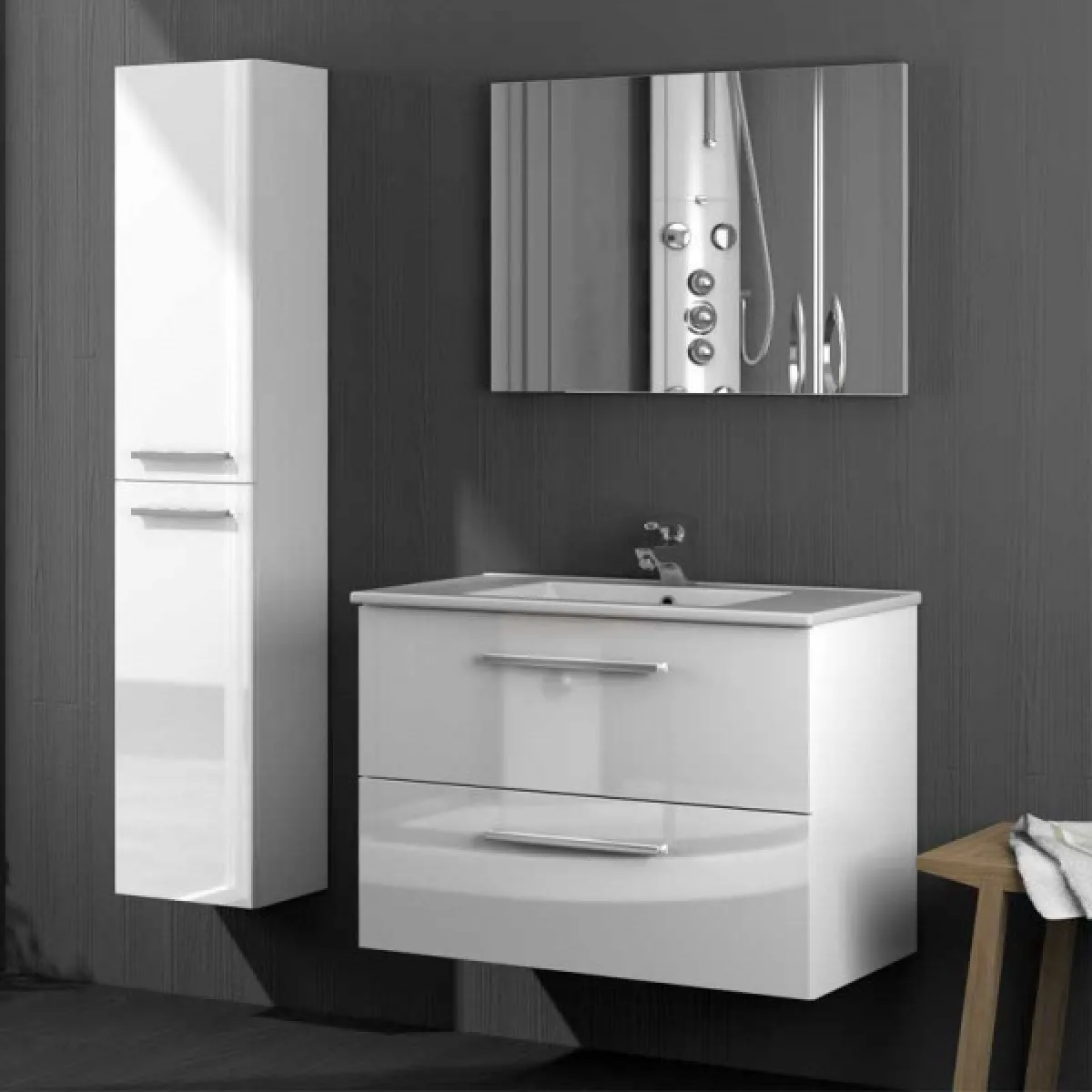 Meuble sous vasque 80 cm + vasque + miroir + colonne Blanc Brillant - BRABU