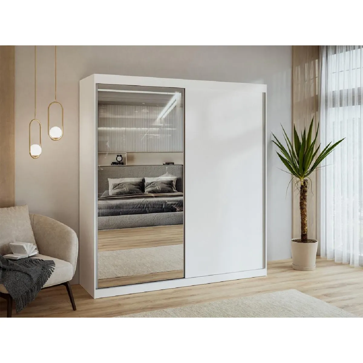 Armoire 2 portes coulissantes - Avec miroir - L200 cm - Blanc - OCHIRA