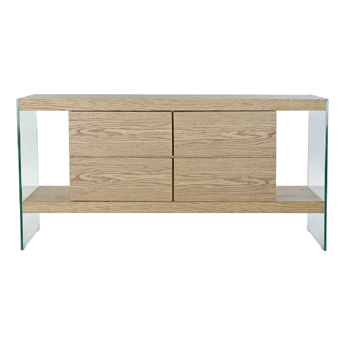 Commode en bois MDF marron clair avec 2 étagères et 4 tiroirs - Largeur 160 x Hauteur 80 x Profondeur 45 cm