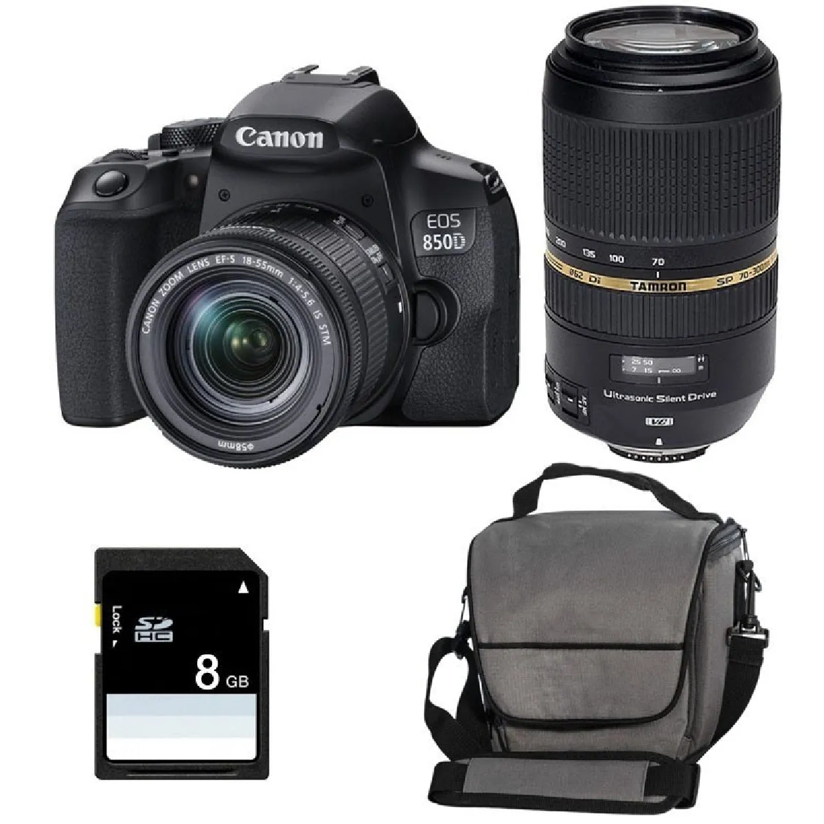 PACK CANON EOS 850D + 18-55 IS STM + TAMRON 70-300 DI + Sac + SD 4Go