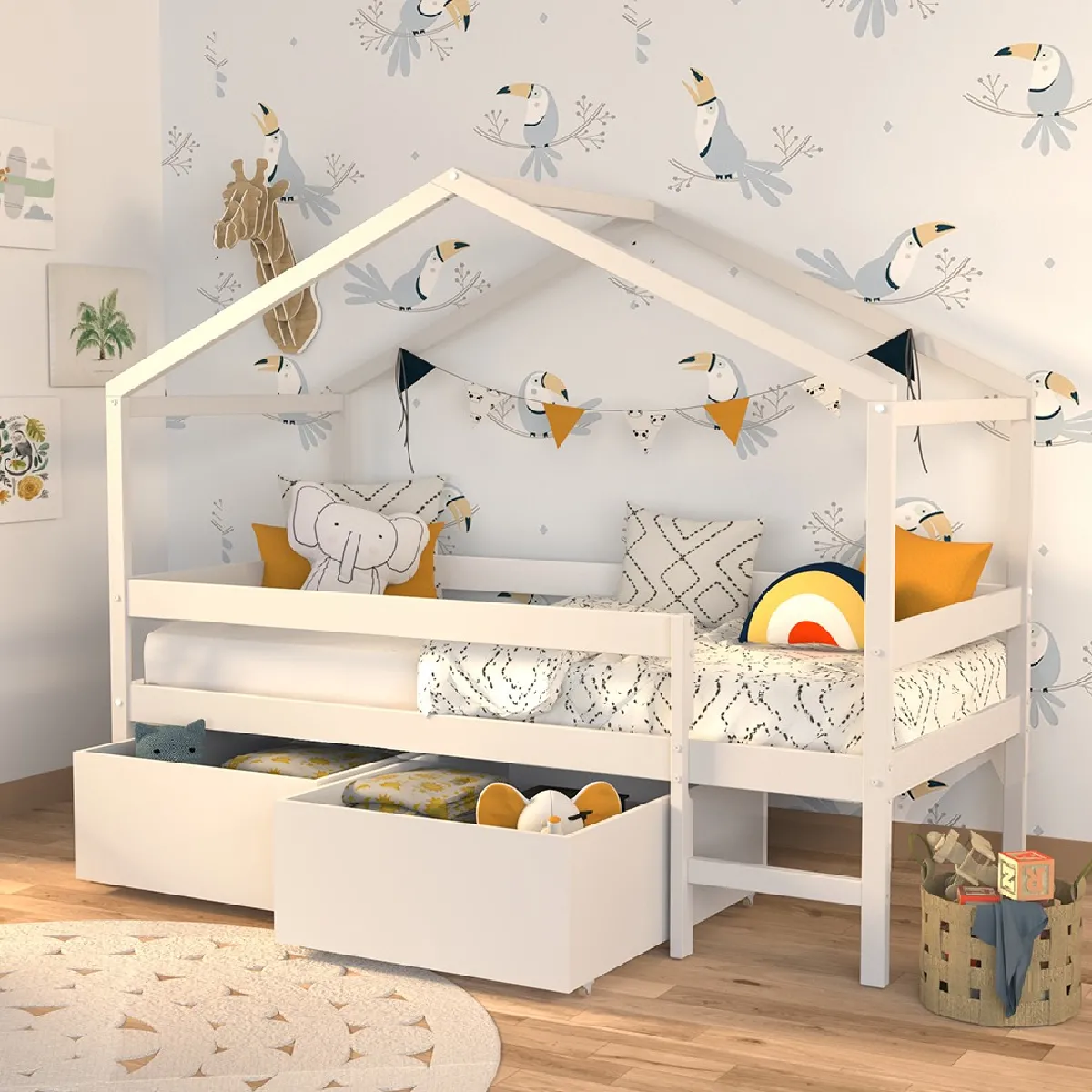 Lit cabane MIKA 90x190 + sommier + 2 tiroirs / Blanc