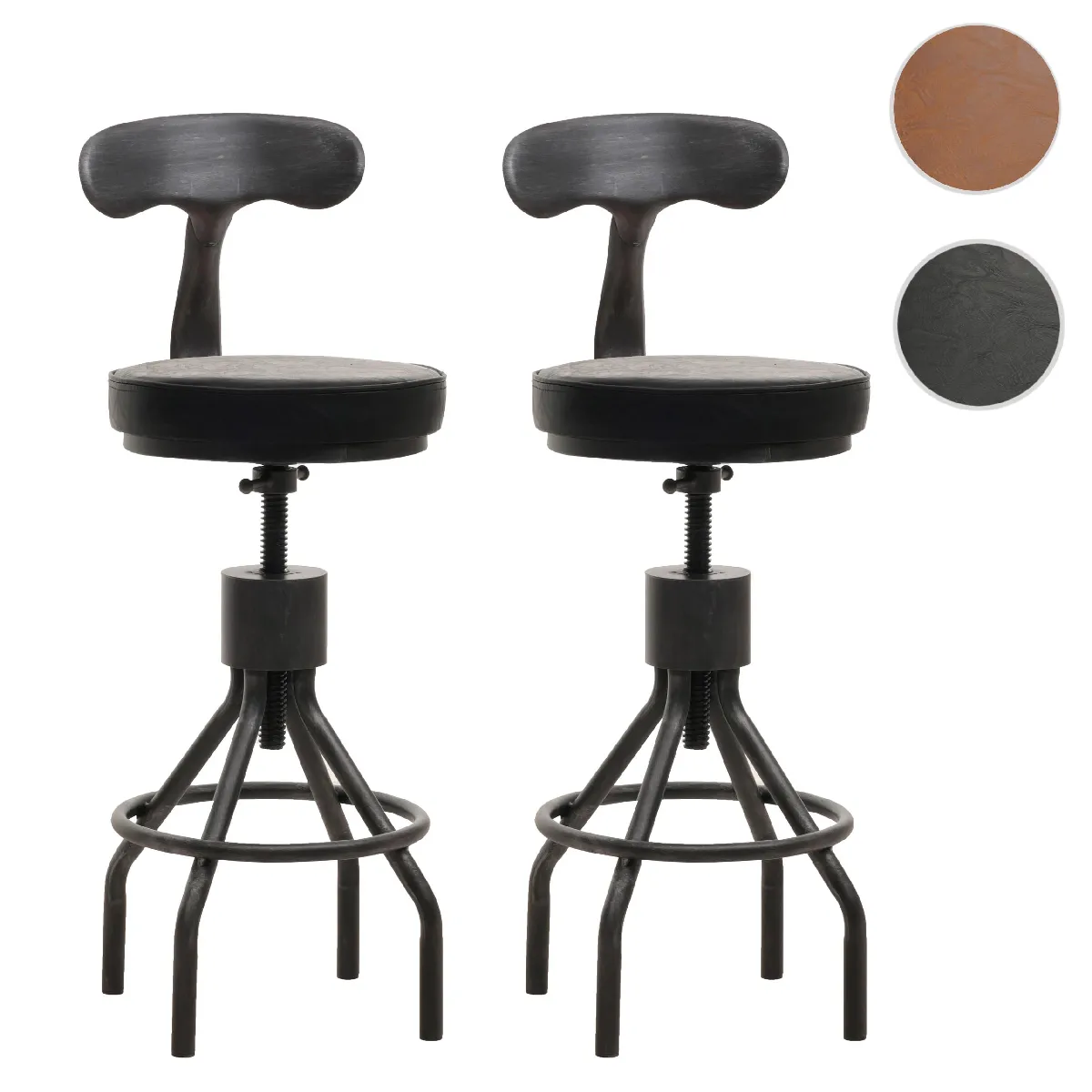 Lot de 2 tabourets de bar HWC-N22, chaise de bar, hauteur réglable pivotant repose-pieds, acier industriel similicuir ~ noir