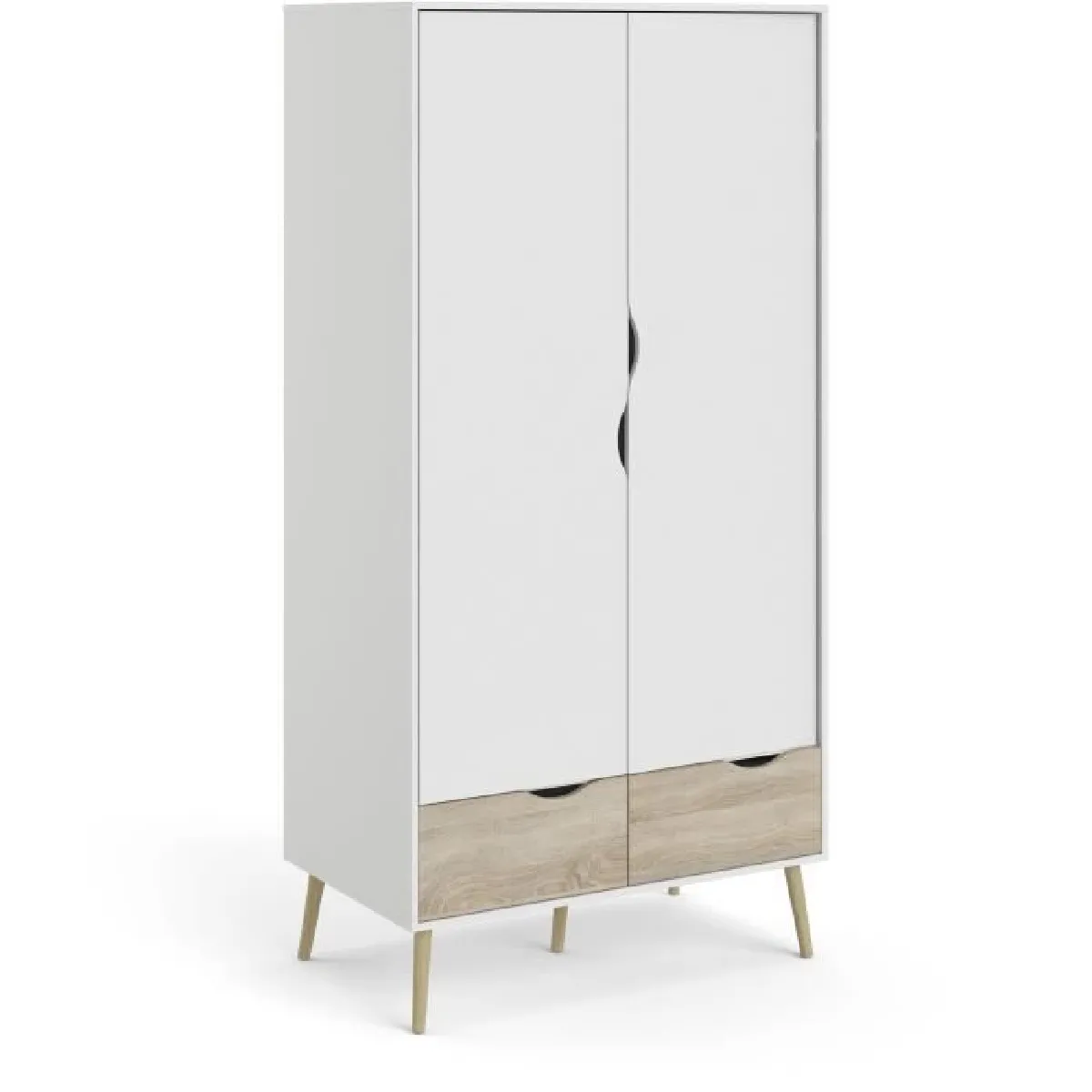 Armoire - Blanc / Chene - 2 portes / 2 tiroirs - Pietement évasé en bois massif - Chambre - 98,7 x 58,1 x 200,1 cm