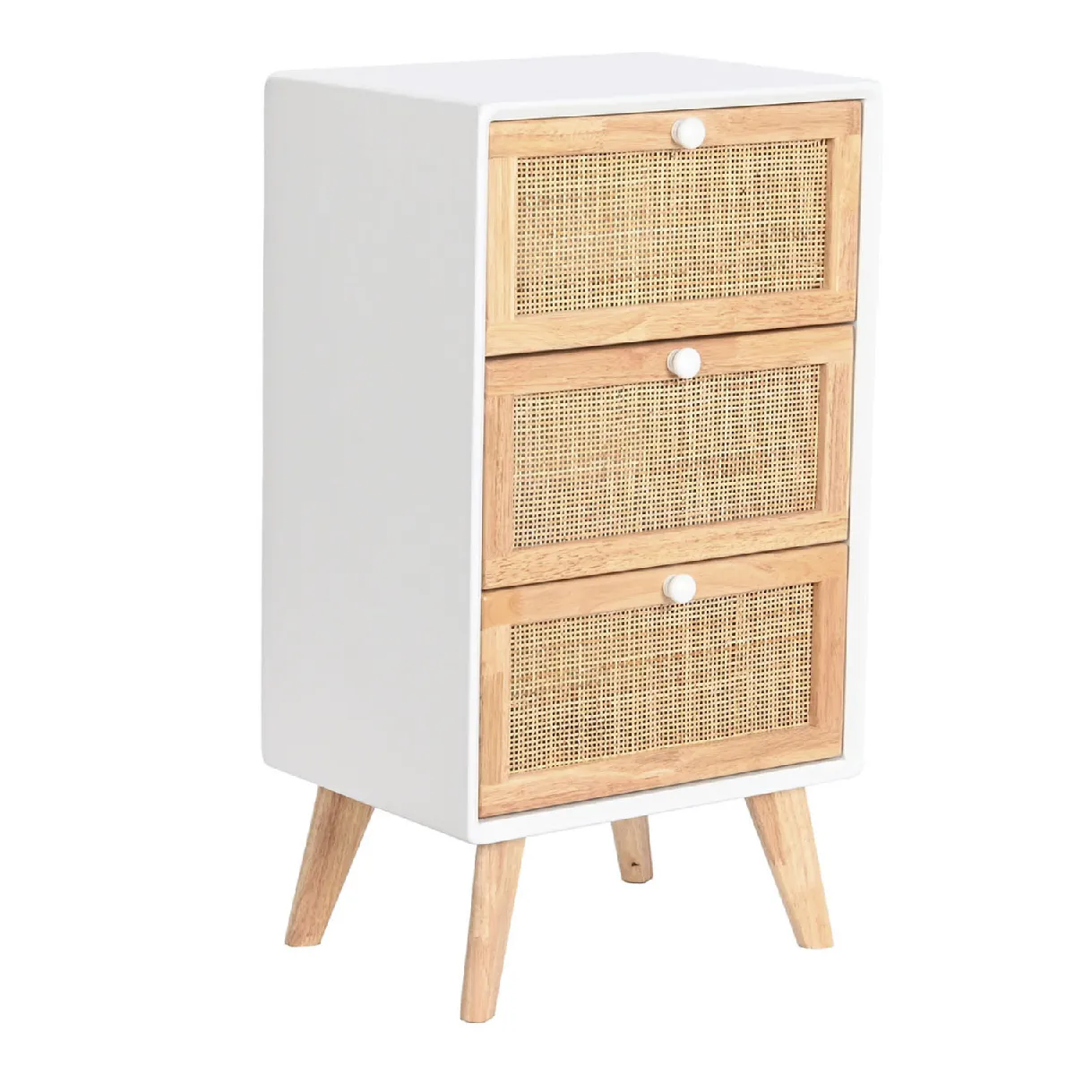 Commode, meuble de rangement en bois de paulownia et rotin coloris blanc, naturel - Longueur 40 x Profondeur 30 x hauteur 72 cm