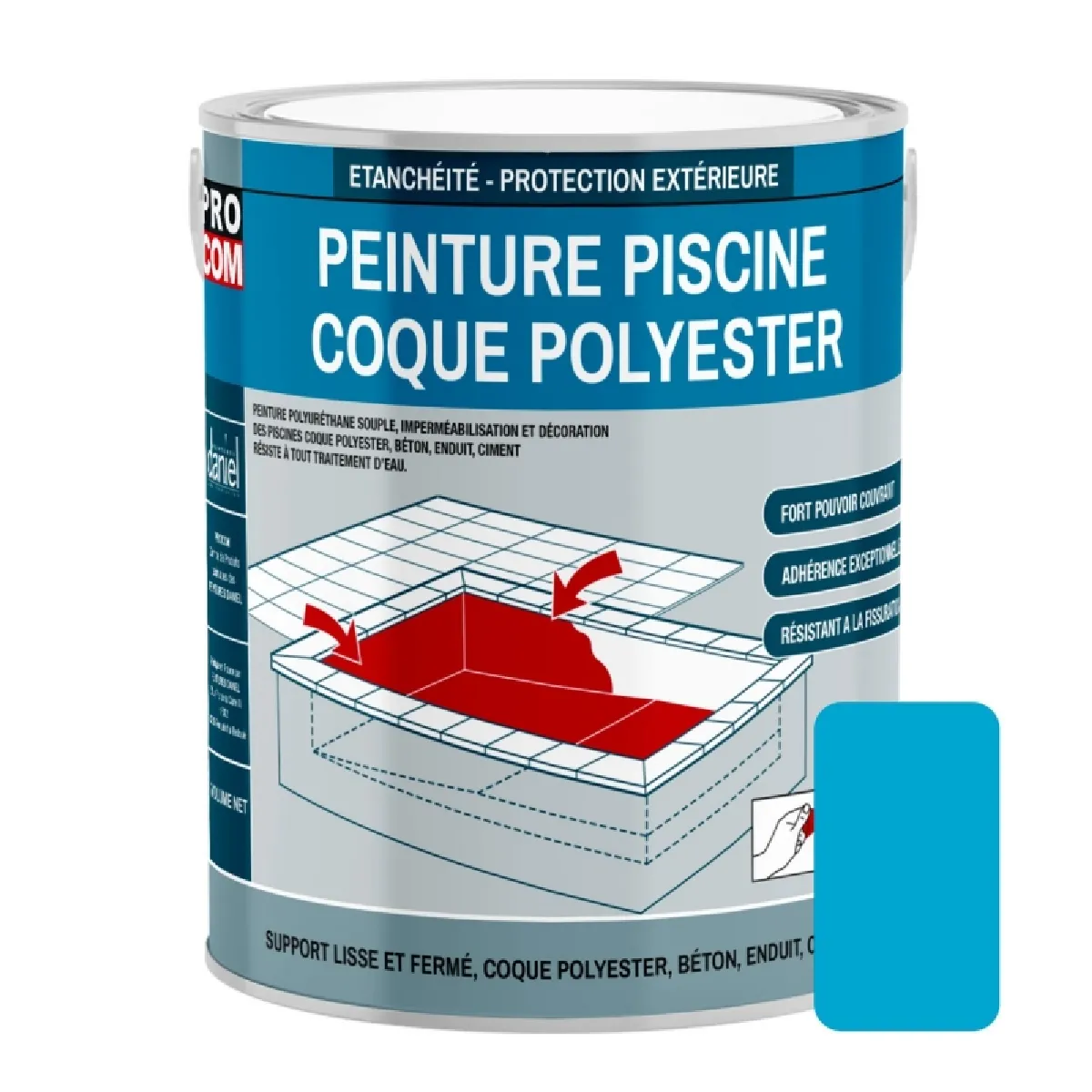 Peinture piscine coque polyester, béton, peinture piscine polyuréthane étanche et souple, haut de gamme PROCOM-3 Kg-Bleu piscine (RAL 240 60 40)