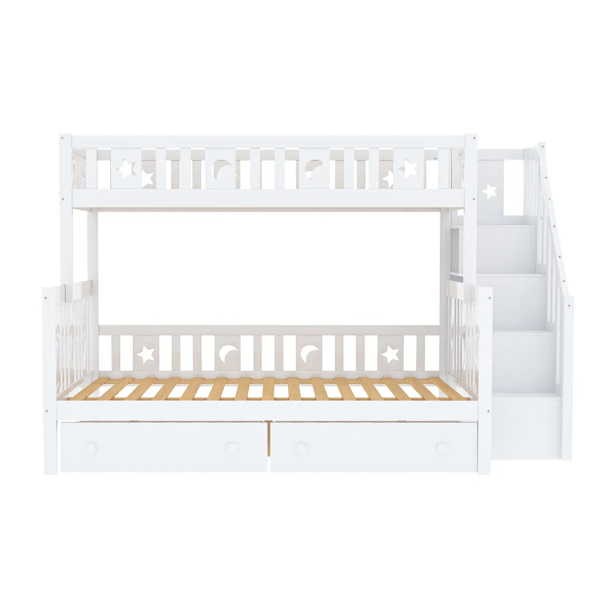 Lit superposé en bois massif blanc pour enfants 90 * 200 / 140 * 200cm avec escalier de sécurité, deux grands tiroirs et cadre à Lattes