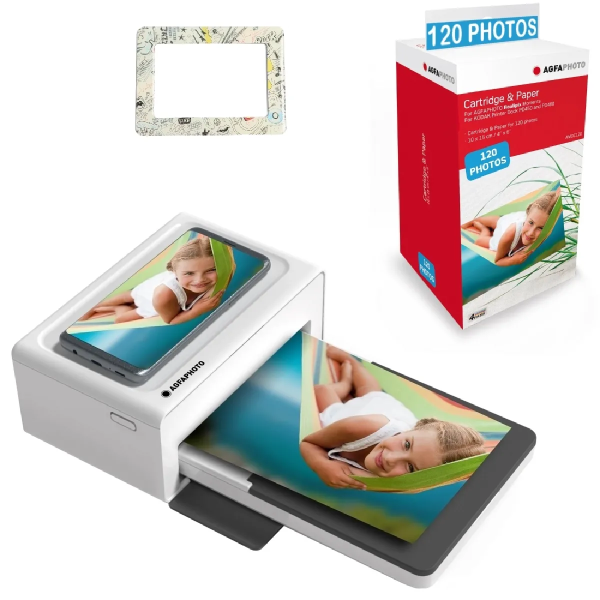 AGFA PHOTO Pack Imprimante Realipix Moments + Cartouches et papiers 120 photos + Joli cadre magnétique - Impression Bluetooth Photo 10x15 cm, iOS et Android, 4Pass Sublimation Thermique - Blanc - Blanc