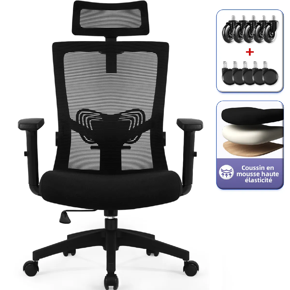 Chaise de Bureau Ergonomique Lexzurn, Accoudoirs Réglables, Noir