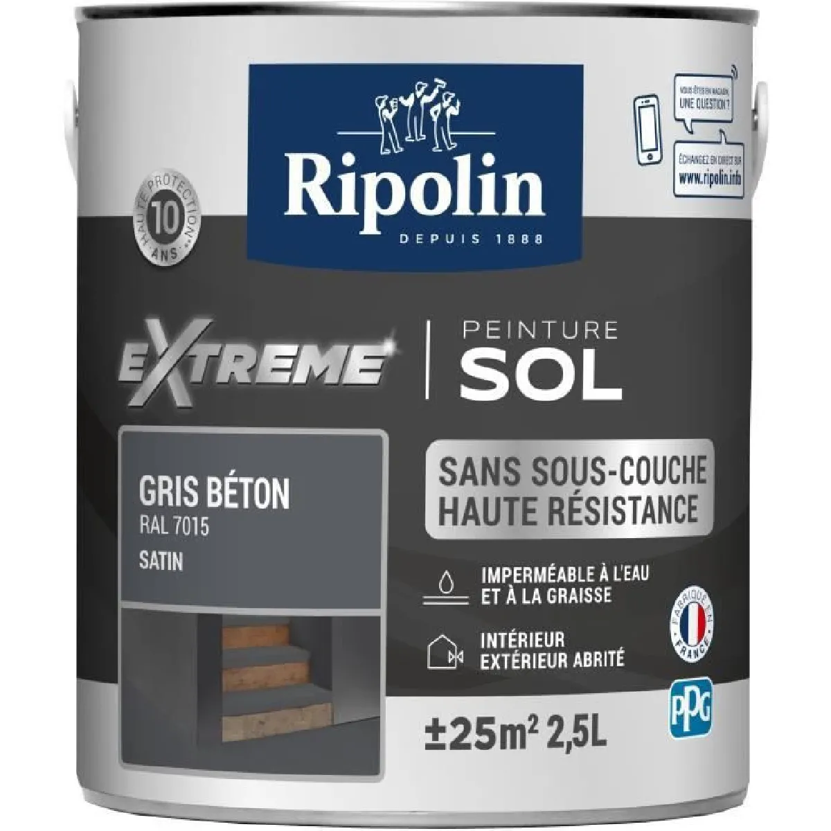 RIPOLIN Peinture pour Sol Interieur + Exterieur - Gris Beton Ral 7015 Satin, 2,5L