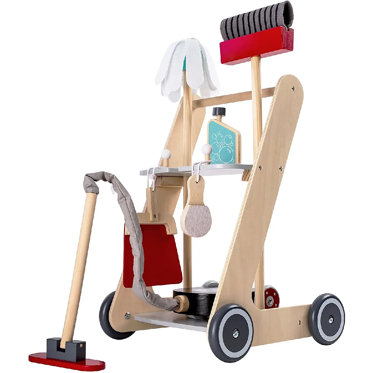 Chariots de nettoyage en bois pour enfants avec balais, aspirateur et accessoires