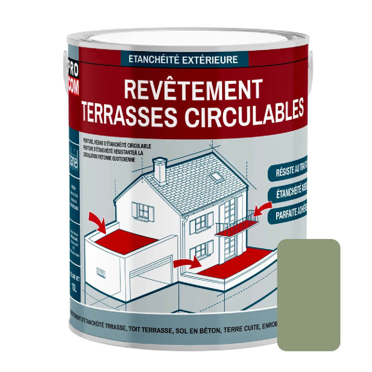 Peinture, résine d'étanchéité imperméabilisation terrasse circulable, balcon, sols extérieurs, béton, plusieurs coloris PROCOM-2.5 litres-Vert clair (RAL 6021)