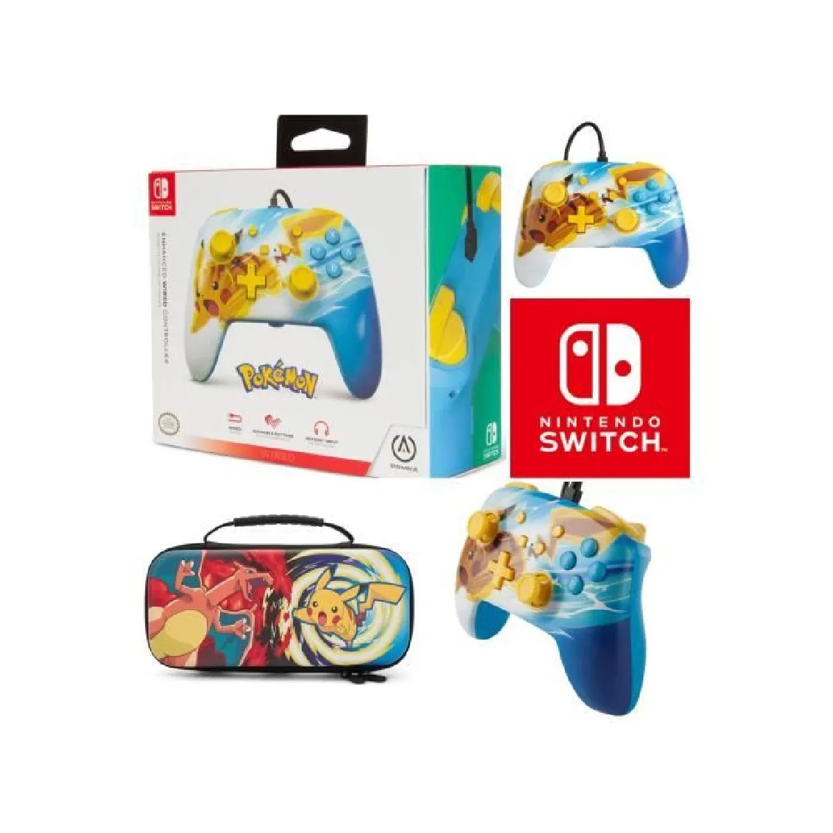 Manette SWITCH Filaire Nintendo Pikachu Charge Officielle + Sacoche Switch Pokemon - Pikachu vs. Dracaufeu