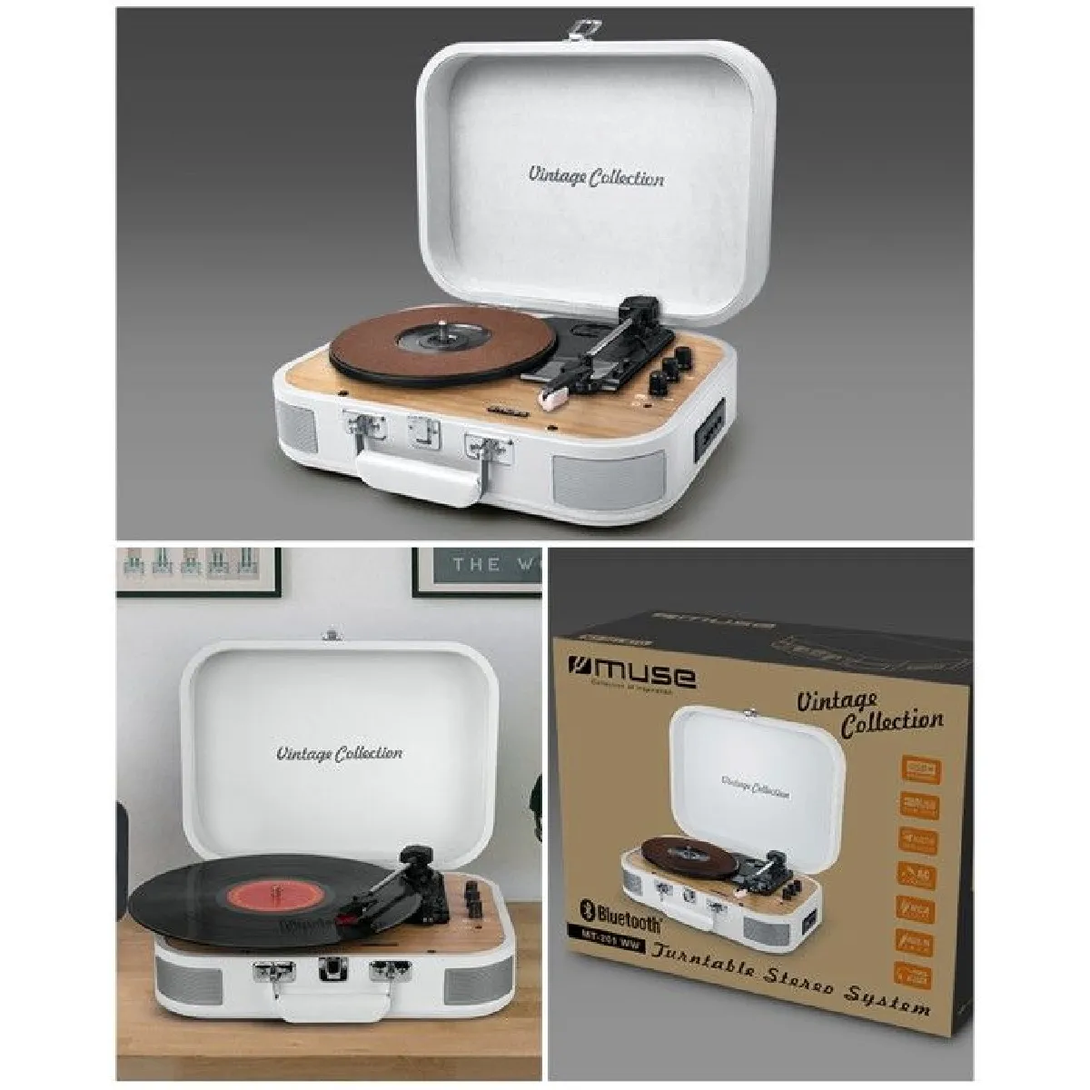 Platine Vinyle Blanche Vintage USB SD Bluetooth 33 45 78 Tours Stéréo RCA Bluetooth® 10W