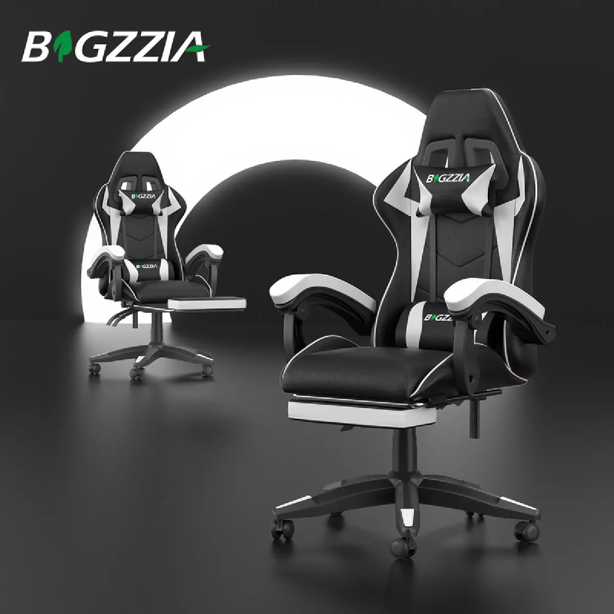 Chaise de Gaming avec Repose-Pied, siège gaming, fauteuil gaming, Dossier Inclinable à 155, chaise bureau gaming avec appuie-tête, Noir Blanc