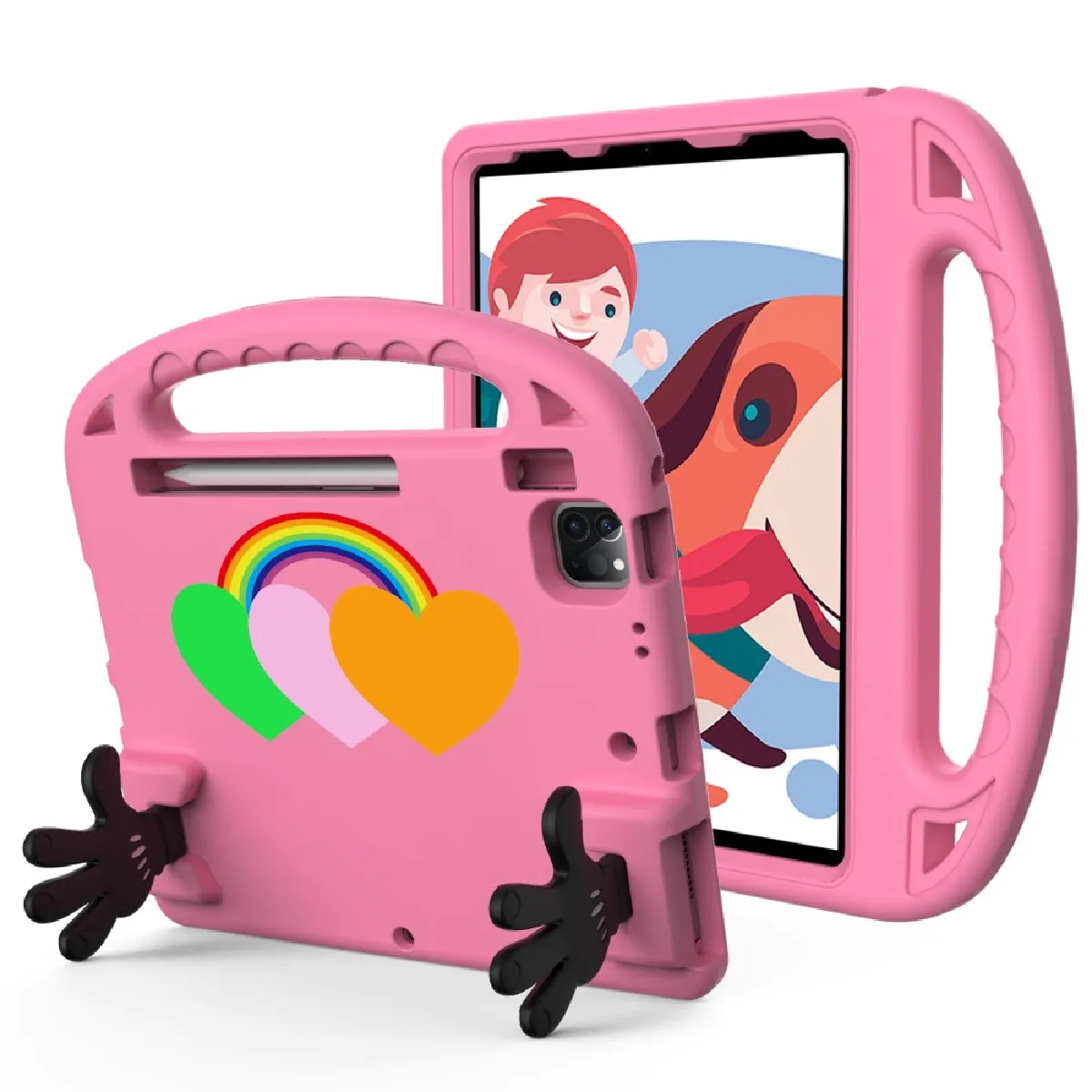 Coque en EVA antichoc, antireflet, motif cœur d'amour avec béquille en forme de paume pour iPad Air (2020)/Pro 11 (2018)/(2020)/(2021)/(2022) - rose