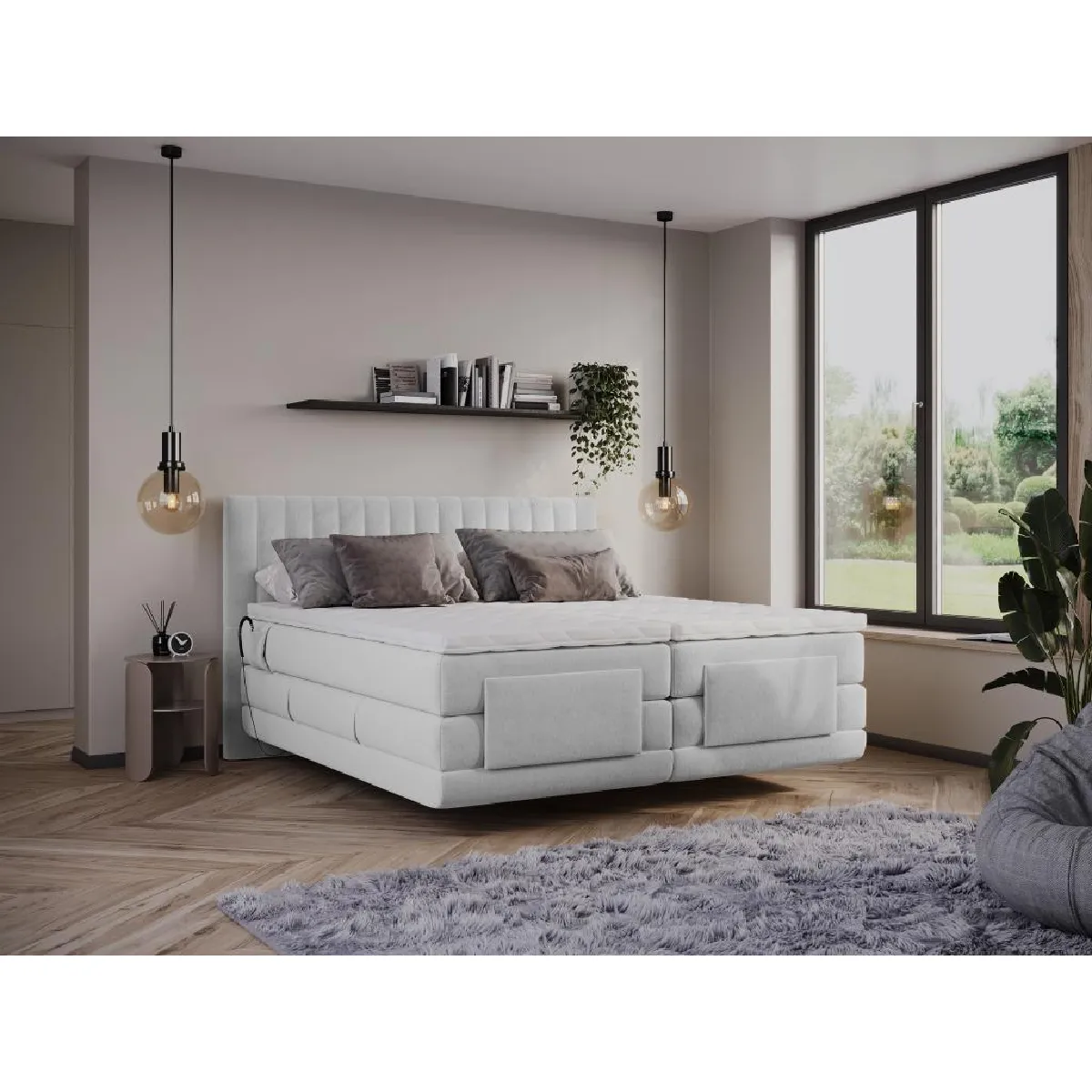 Ensemble complet boxspring tête de lit coutures verticales + sommiers relaxation électrique + matelas + surmatelas - 2 x 80 x 200 cm - Velours - Gris clair - DONISI de PALACIO