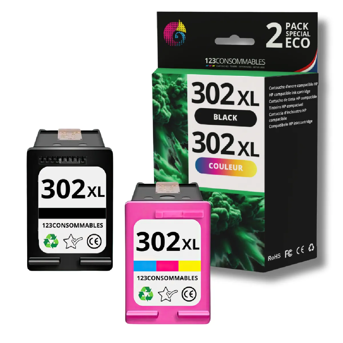 123CONSOMMABLES - 302 XL - Pack de 2 cartouches d'encre compatible avec HP 302 XL Noir et Couleur Cartouche Encre pour OfficeJet 3831 3833 3830, DeskJet 3630 2130 3632, Envy 4520 4525 4527 (1 Noir, 1 Couleurs)