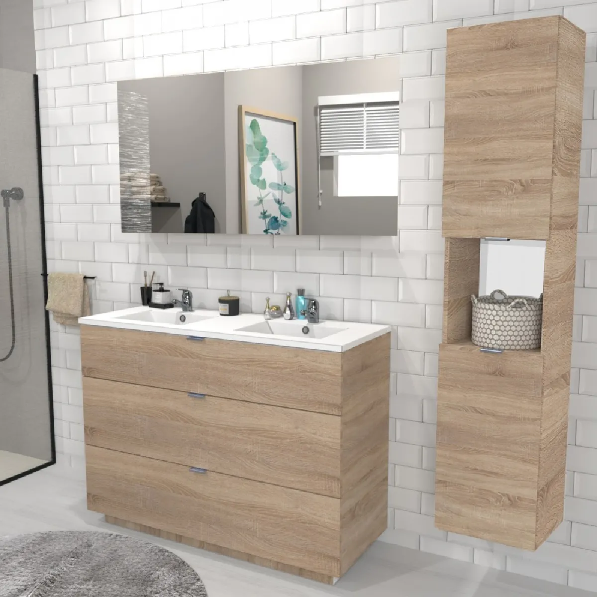 Meuble sous-vasque MARBELLA 120 cm + vasque + miroir + colonne / Décor Chêne blanchi