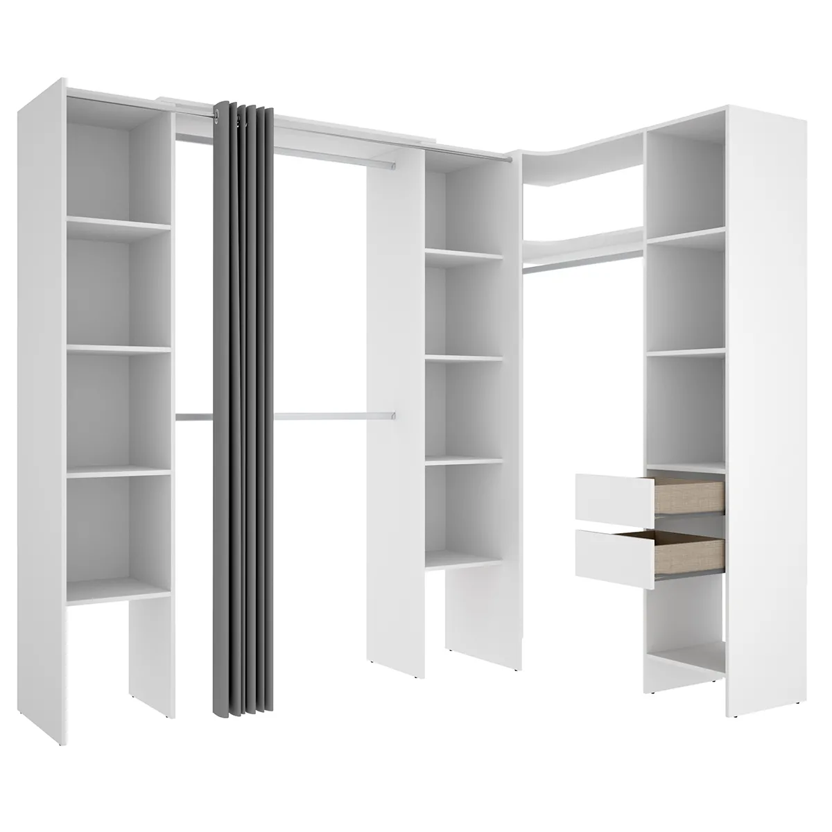 Kit armoire dressing d'angle extensible en bois mélaminé coloris blanc - Longueur 164-234 x Profondeur 141 x Hauteur 205 cm