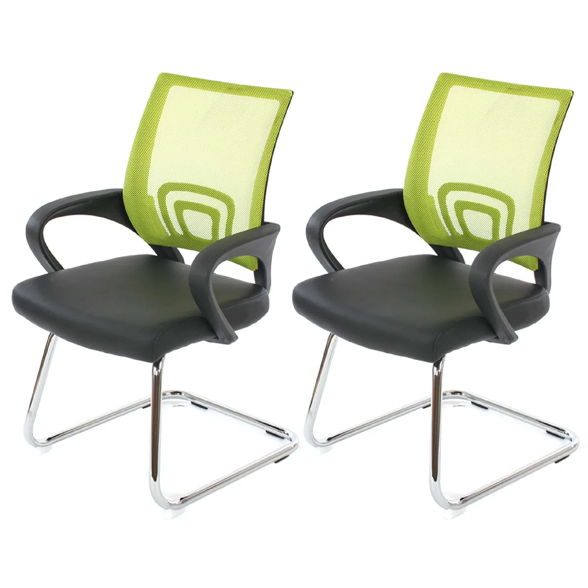 2x fauteuils chaises de bureau sans roulettes chaise de conférence visiteur en synthétique noir et maille vert 04_0000181