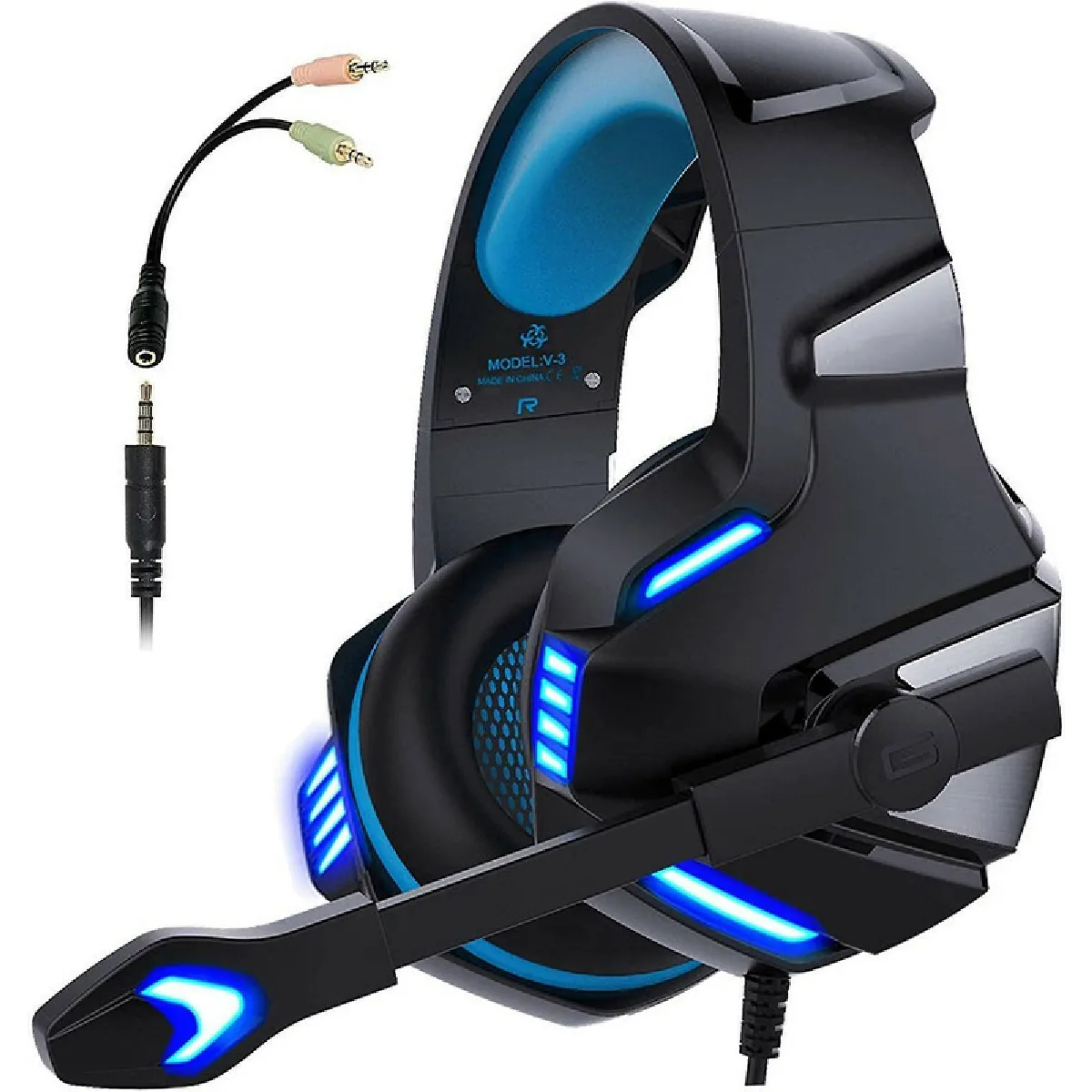 Casque de jeu pour Xbox One, PS4, PC, casque de jeu supra-auriculaire avec micro à réduction de bruit, lumière LED, surround de basses stéréo, cache-oreilles à mémoire douce pour téléphone intelligent, ordinateurs portables(bleu)