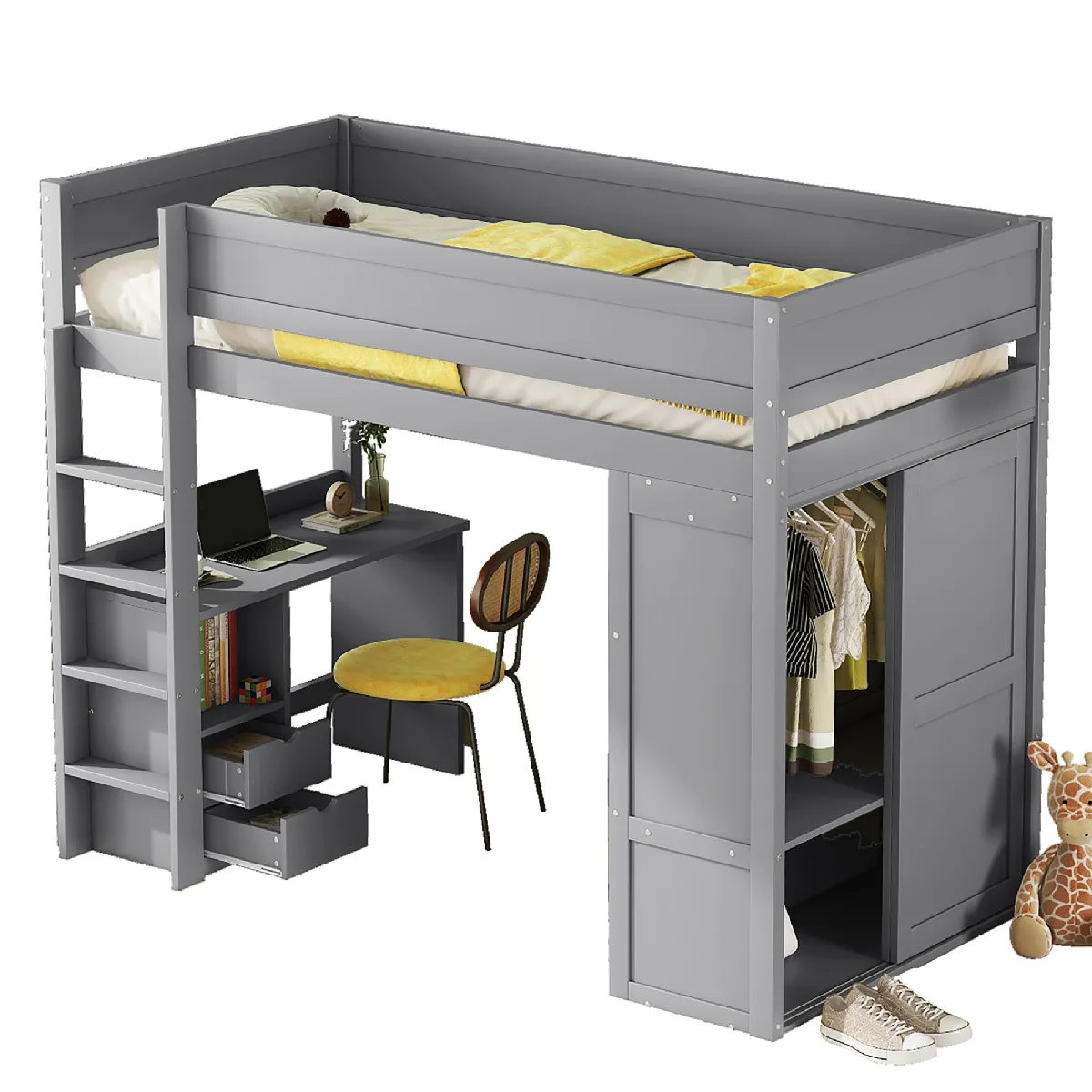 Lit d'enfant multifonctionnel gris 90 * 200cm lits superposés avec armoire, bureau et tiroirs