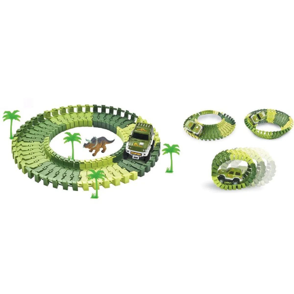 Circuit Flexible Dinosaures - 48 Rails + 1 Voiture + Accessoires : 4 Palmiers + 1 Dinosaure + Stickers