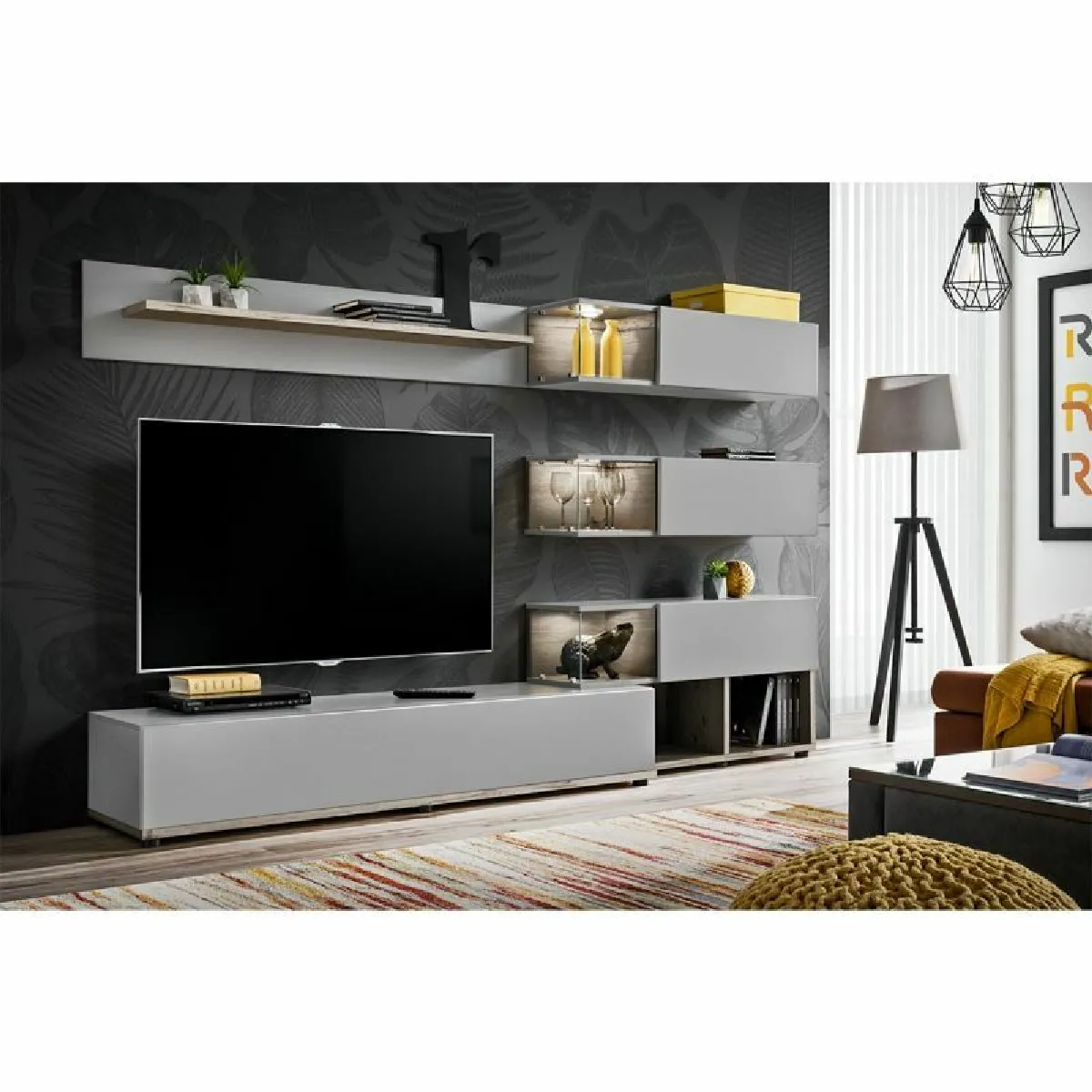 Ensemble Meuble TV Design Silk 240cm Gris & Naturel