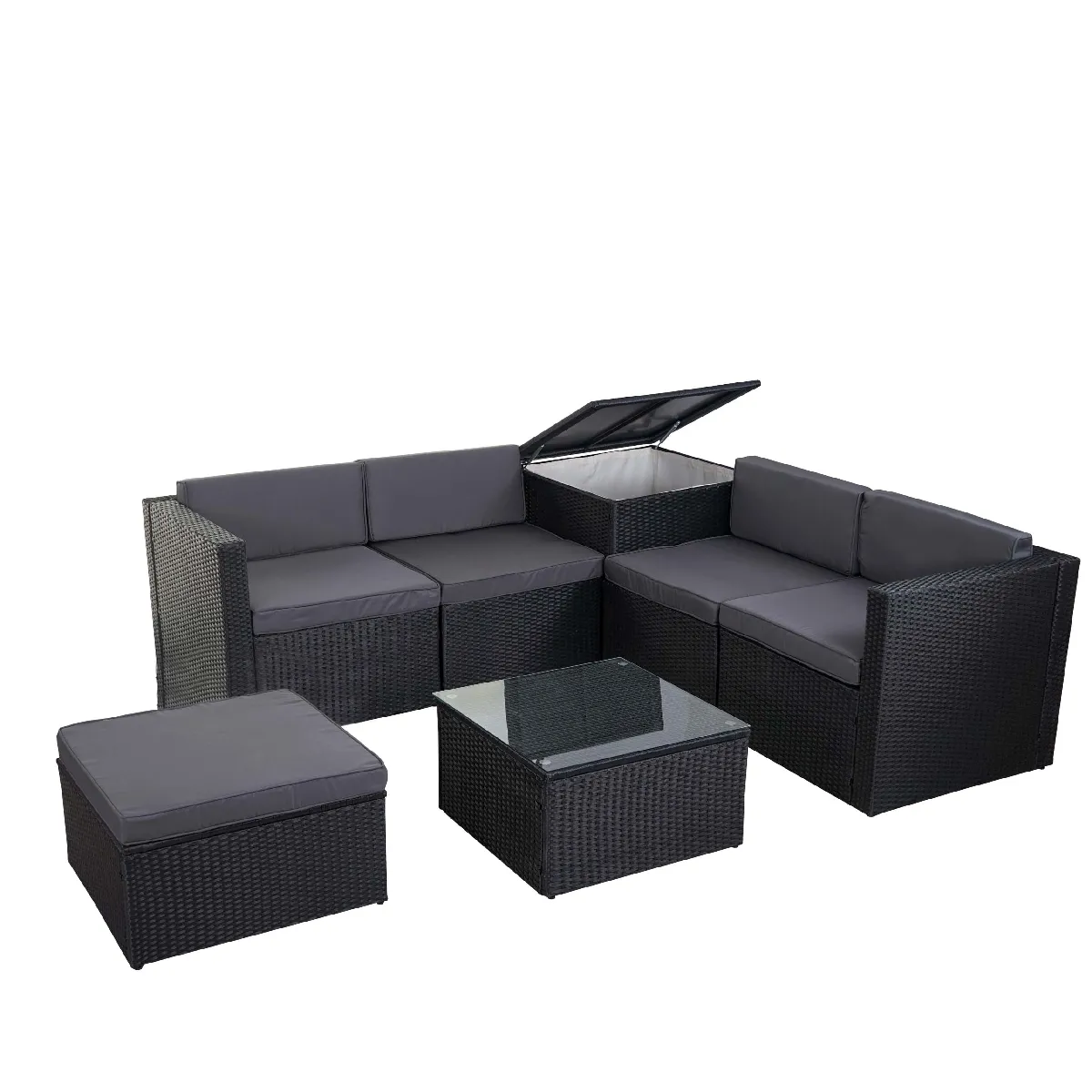 Salon de jardin fauteuil table coffre pouf en poly-rotin pour balcon jardin anthracite coussin gris foncé 04_0003049