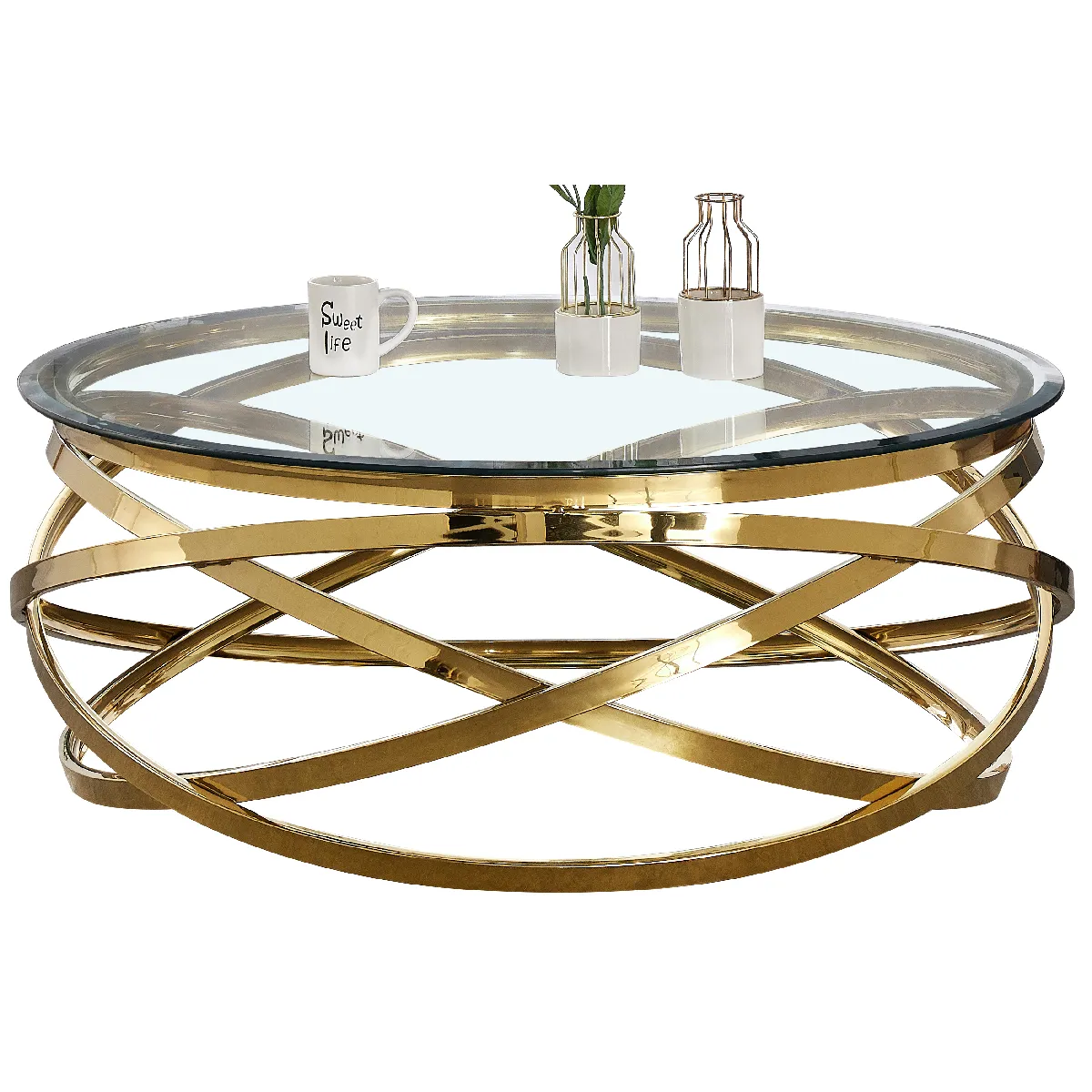 Table basse design rond avec piètement en acier inoxydable poli doré et plateau en verre trempé transparent L. 100 x H. 43 cm collection ENRICO