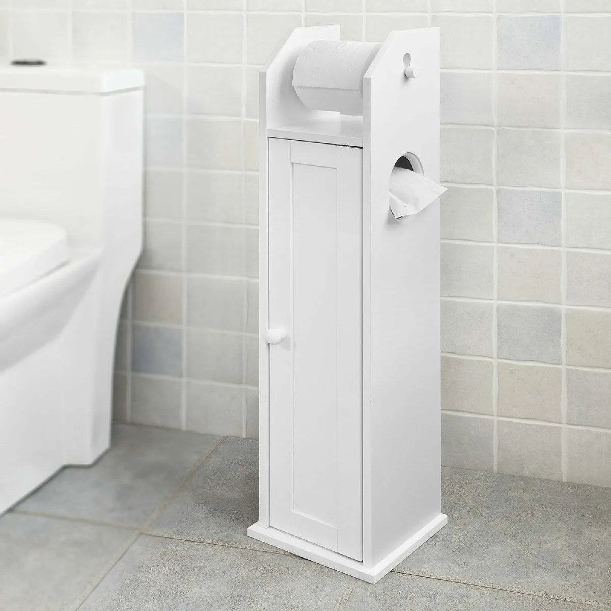 SoBuy FRG135-W Support Papier Toilette Armoire Porte-papier Toilette Porte Brosse WC Meuble de Salle de Bain Sur Pied en Bois - Blanc