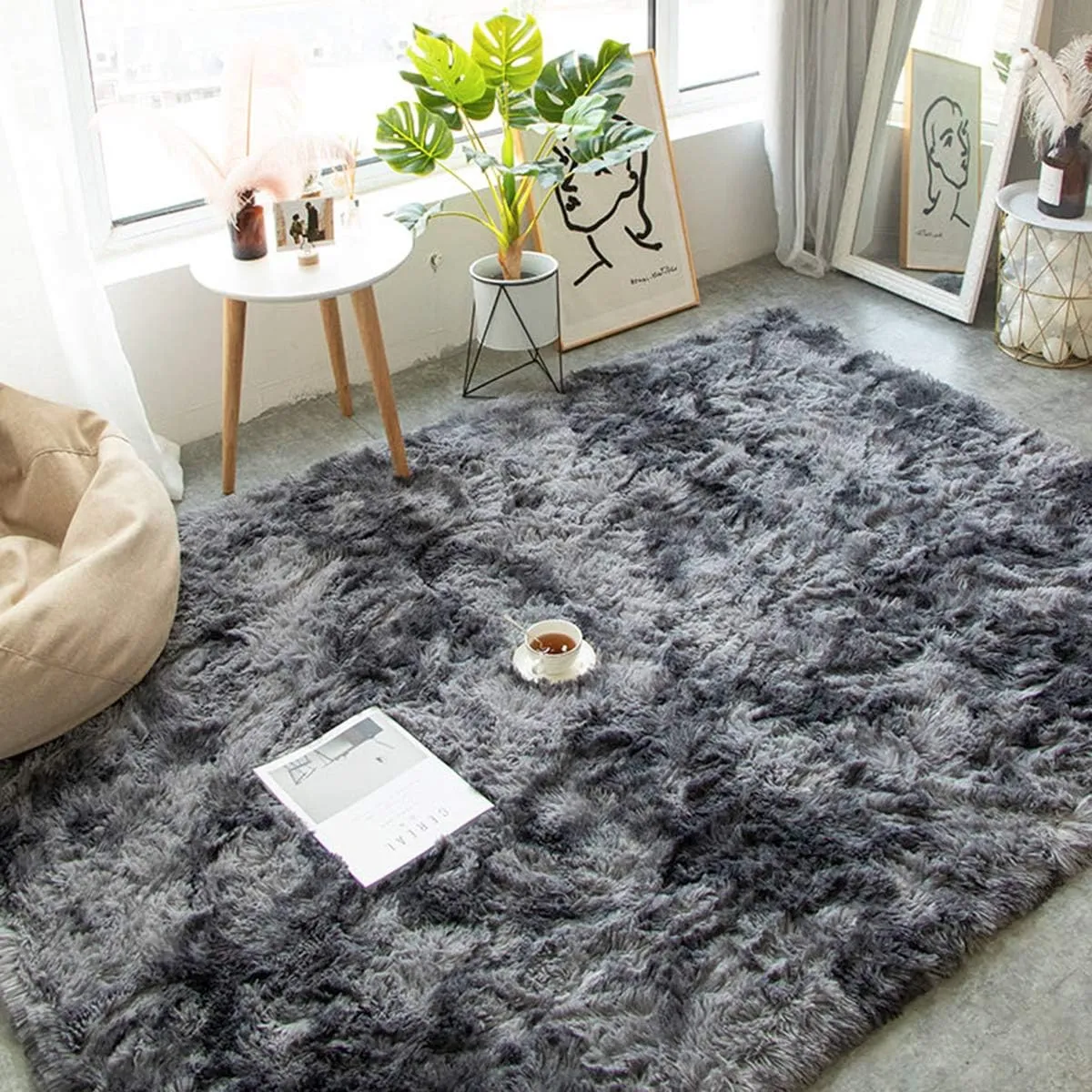 Tapis Salon Carré Shaggy Moderne Gris Foncé 180x200cm