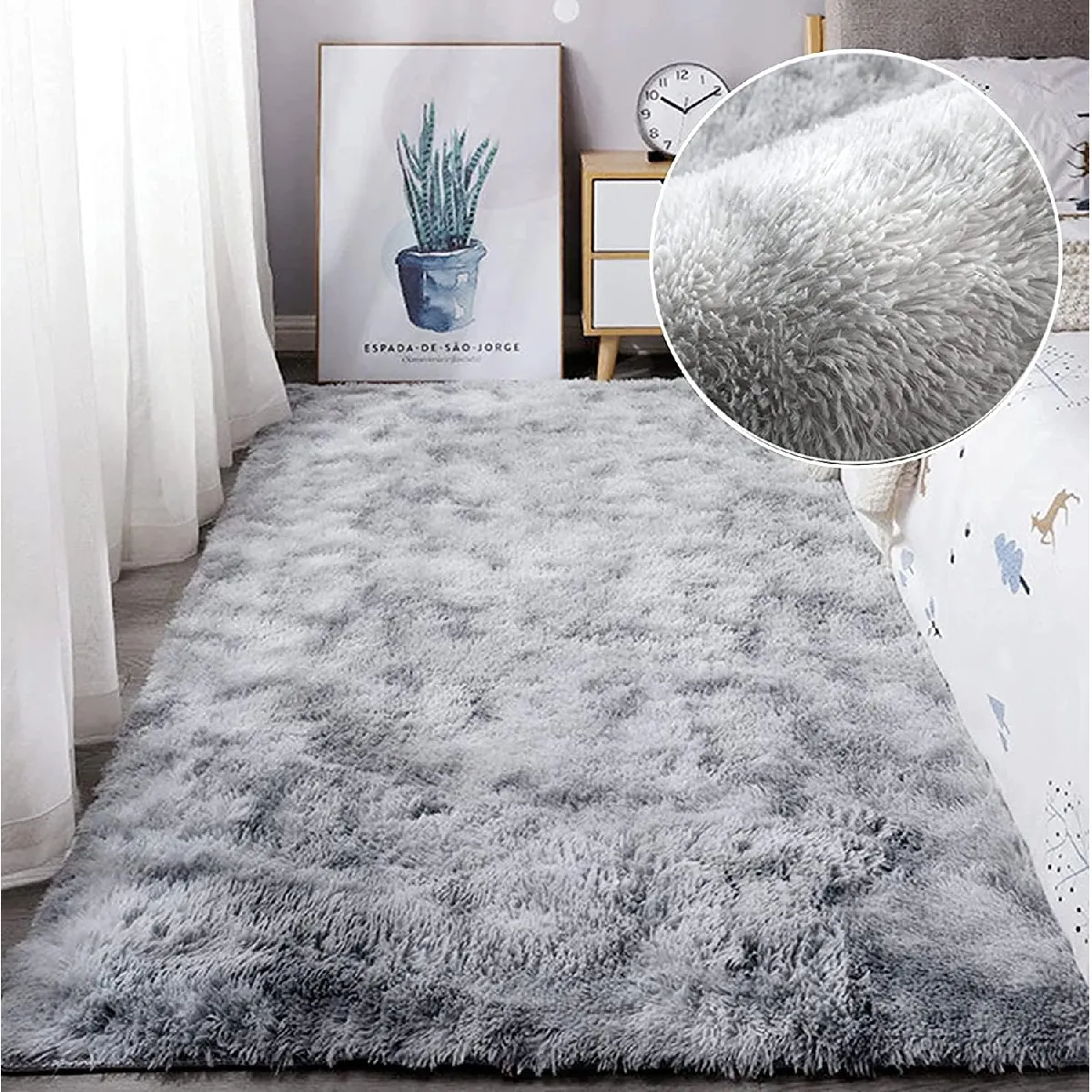 Tapis Salon Carré Shaggy Moderne Gris Clair 200x300cm