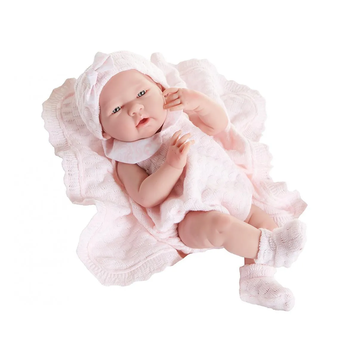 All-Vinyl La Newborn Doll in pink knit outfit with blanket. REAL GIRL!