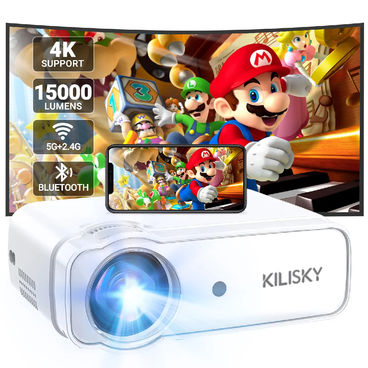 Videoprojecteur WiFi Bluetooth, KILISKY Full HD 1080P Projecteur 4K Supporté 20000 Lux, Pour TV Stick/iOS/Android/USB/PC