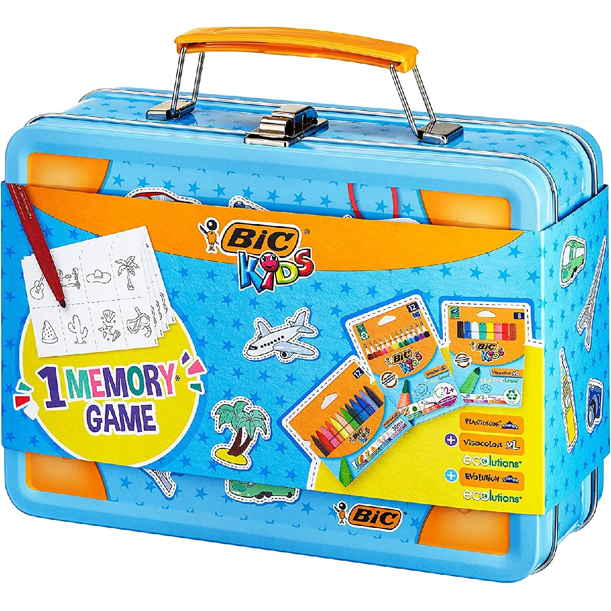 BIC Kids Valise de voyage Memory : Crayons de couleur, Craies, Stylos feutres, 32 pièces Jeu Memory - Couleurs assorties, lot de 64BIC