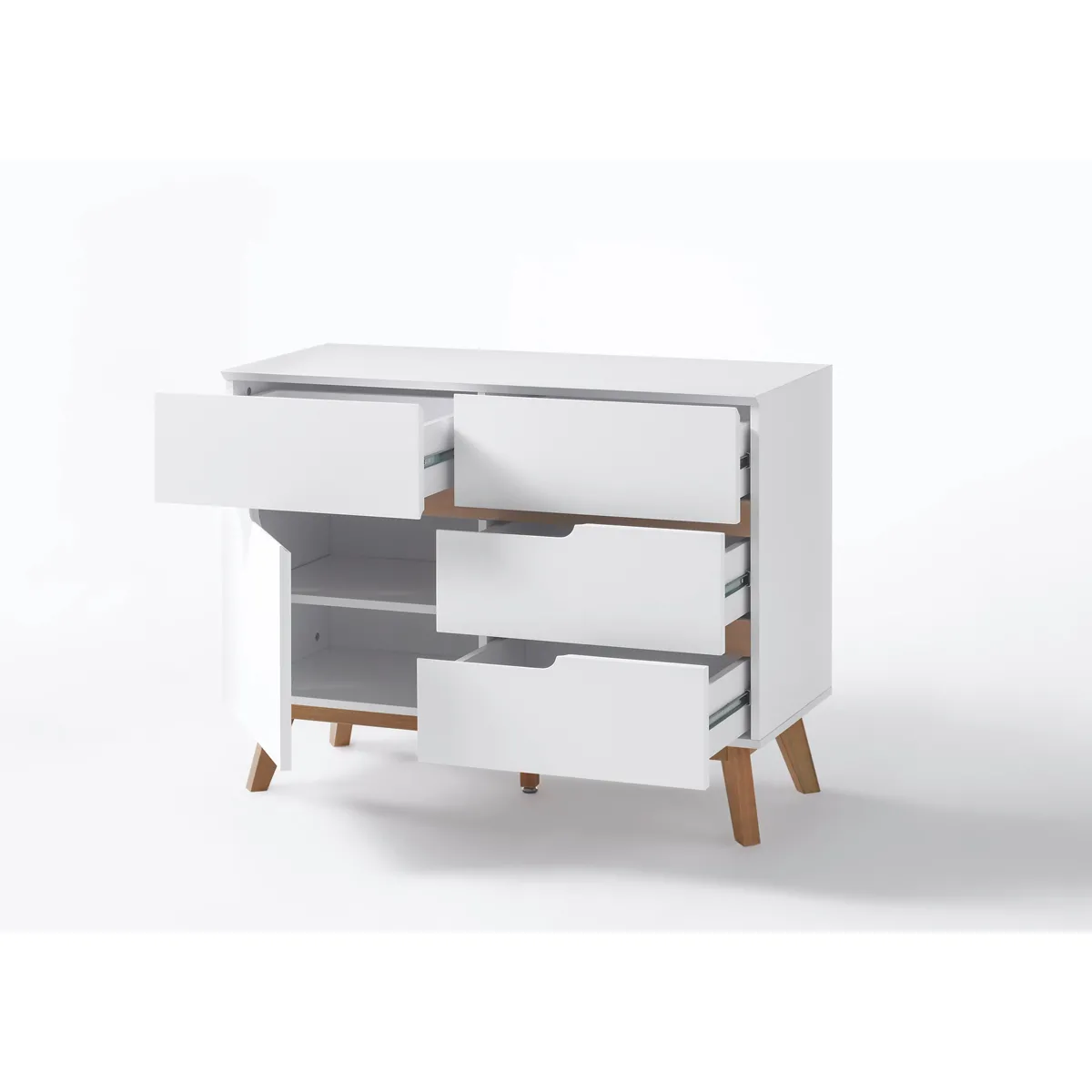 Commode en laqué blanc mat avec piètement en chêne - L97 x H76 x P40 cm