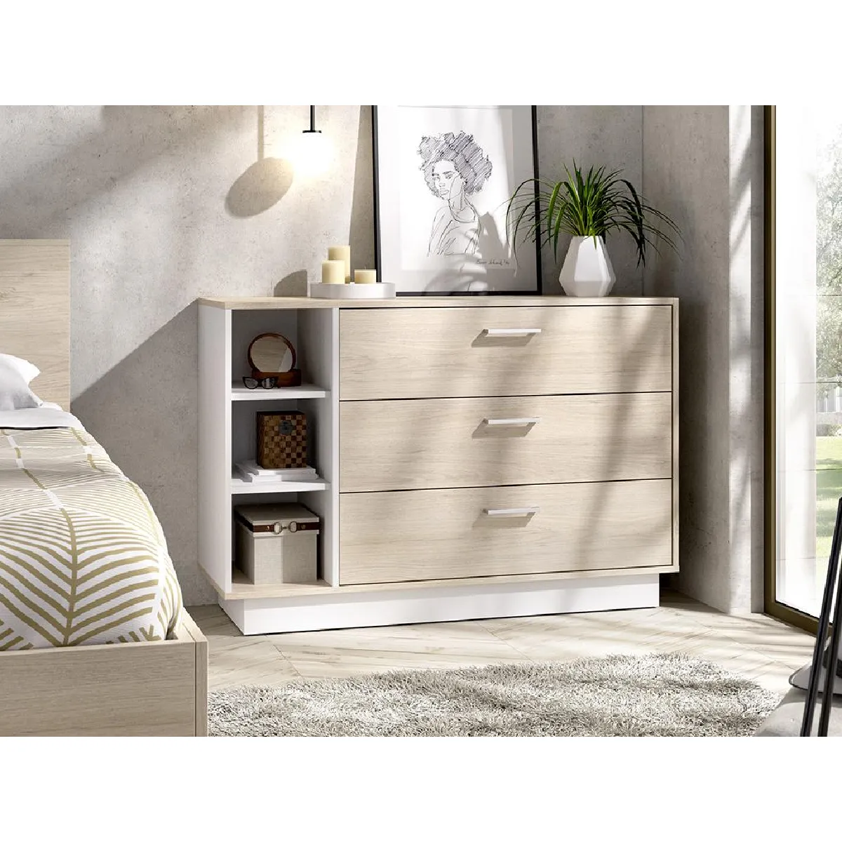 Commode 3 tiroirs et 3 niches - Coloris : Naturel et blanc - LEANDRE