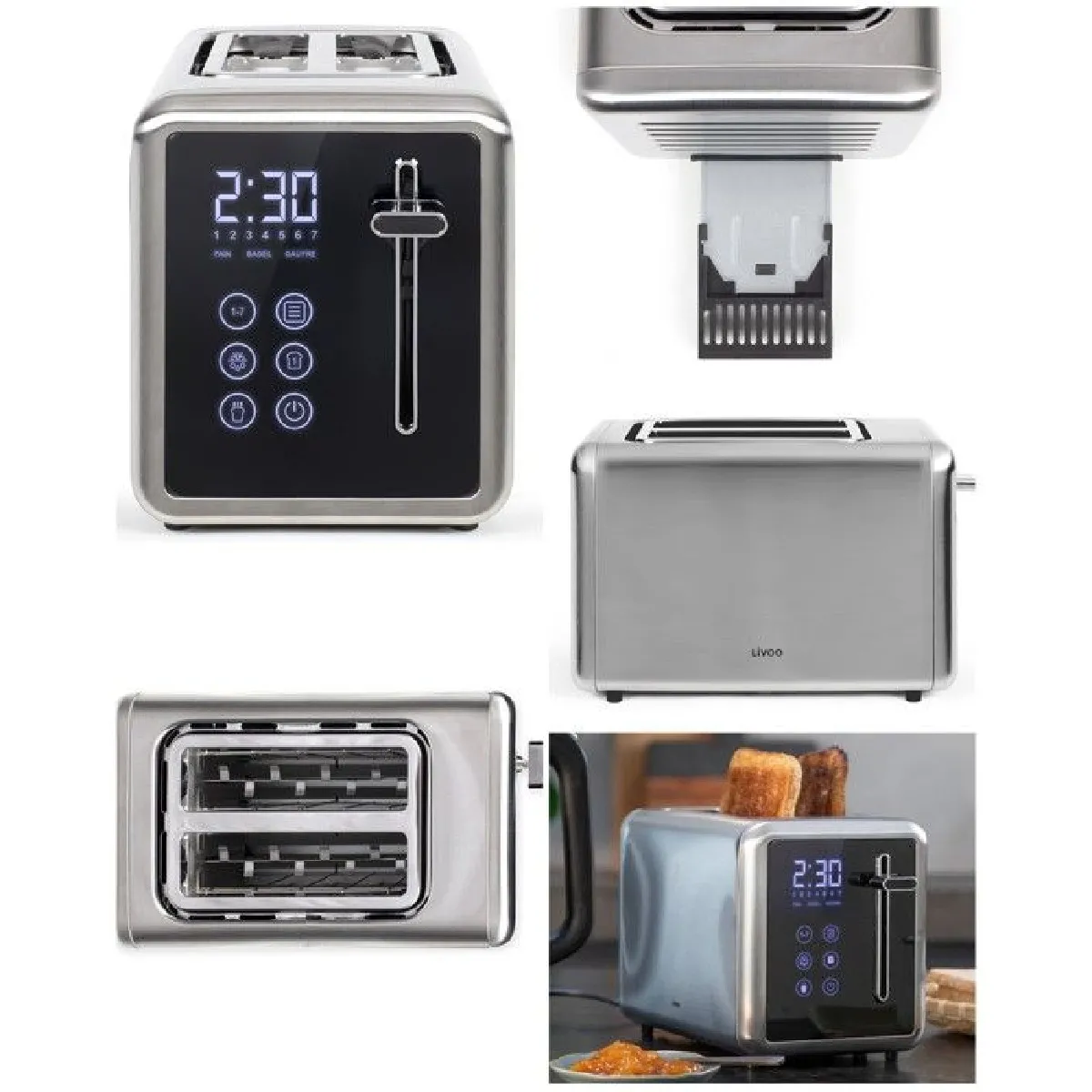 Grille-pain Inox digital 2 fentes -850 W contrôle tactile pain, bagel, gaufre