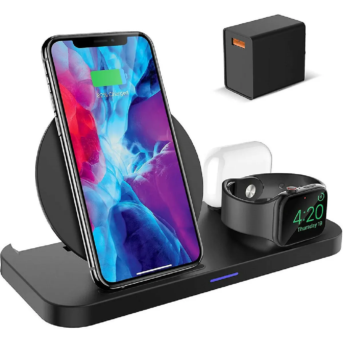 Chargeur sans fil, station de charge sans fil 3 en 1, support de charge rapide 10 W pour iPhone 12/12 Pro/12 Pro Max/12 Mini/11/11 Pro Max/X/XR/XS Max/8 Plus, Apple Watch, AirPods Pro,(noir)