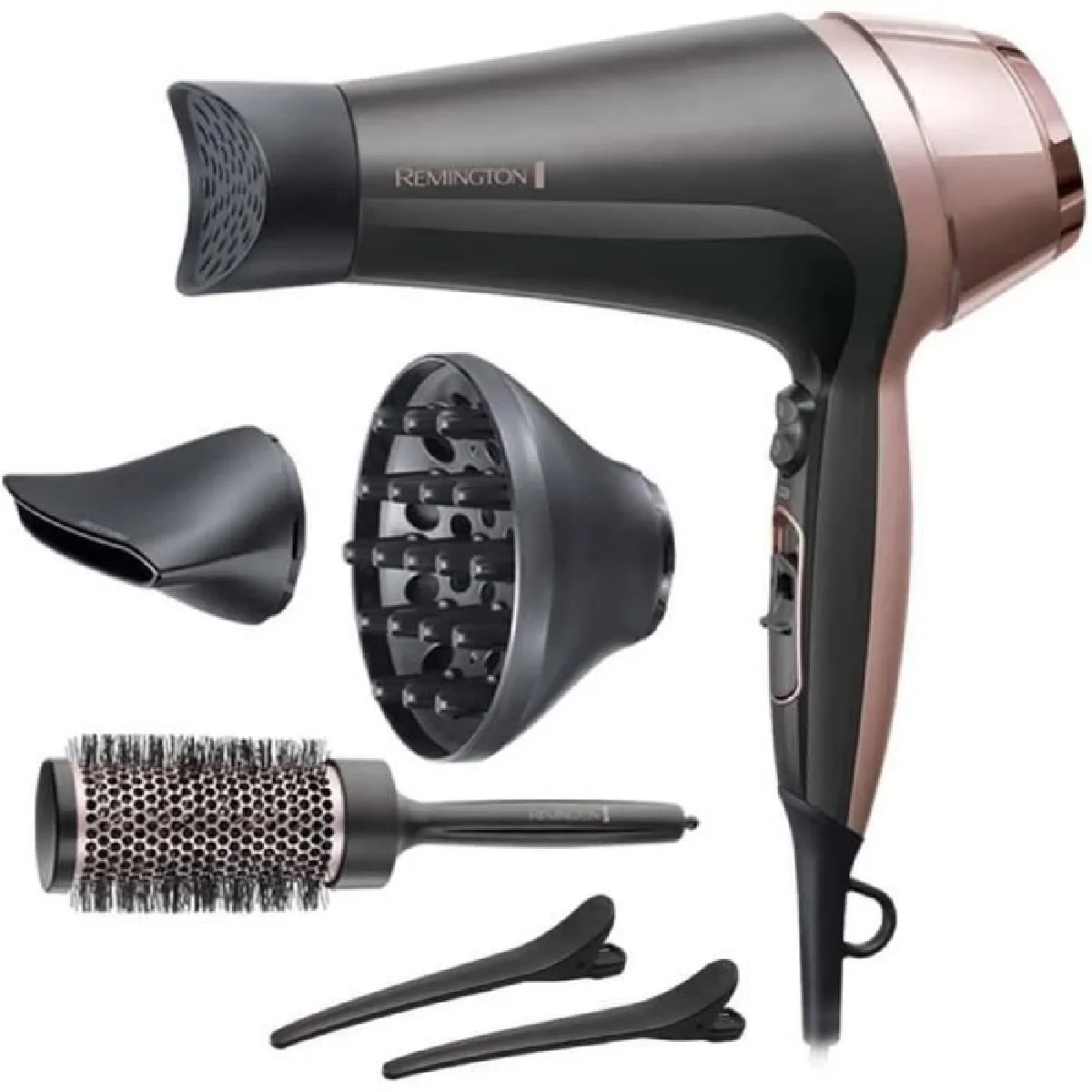 Remington Sèche-Cheveux Ionique 2200W, Brosse 45mm, 1 Diffuseur, 2 Concentrateurs, 2 Pinces à Cheveux - D5707 Curl Straight Conf230