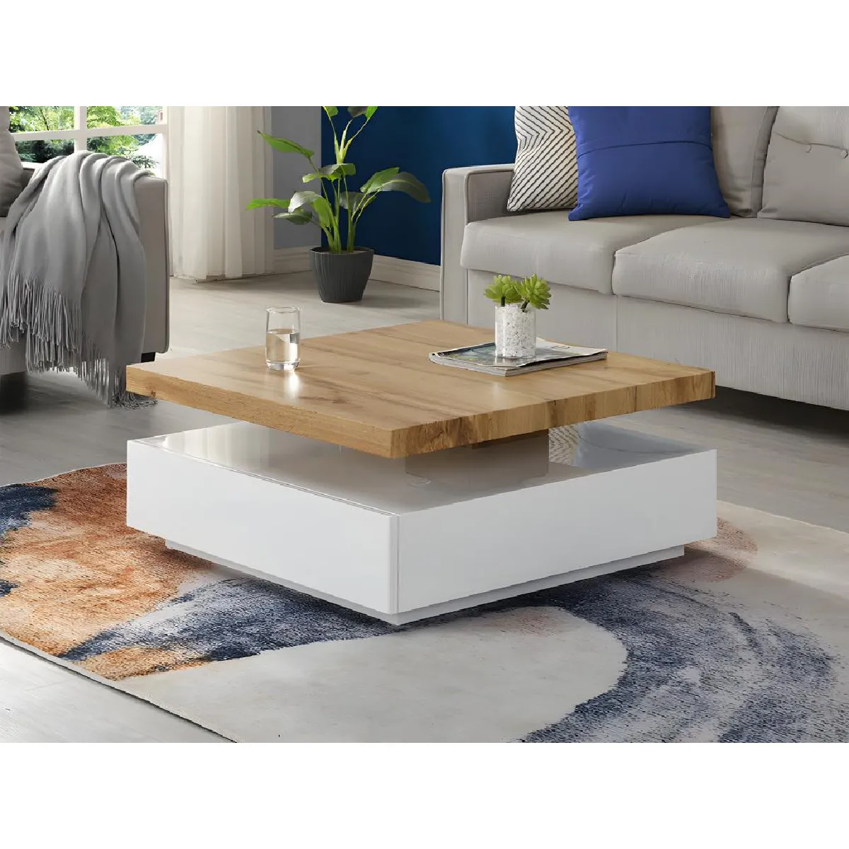 Table basse pivotante avec 1 tiroir en MDF - Blanc et Naturel - KYRIA