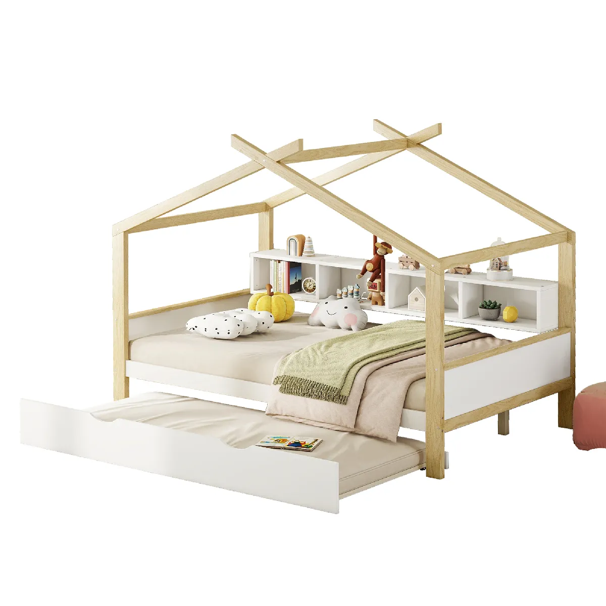 Blanc 140 * 200cm lit familial, lit d'enfant, avec lit gigogne, quatre treillis de rangement