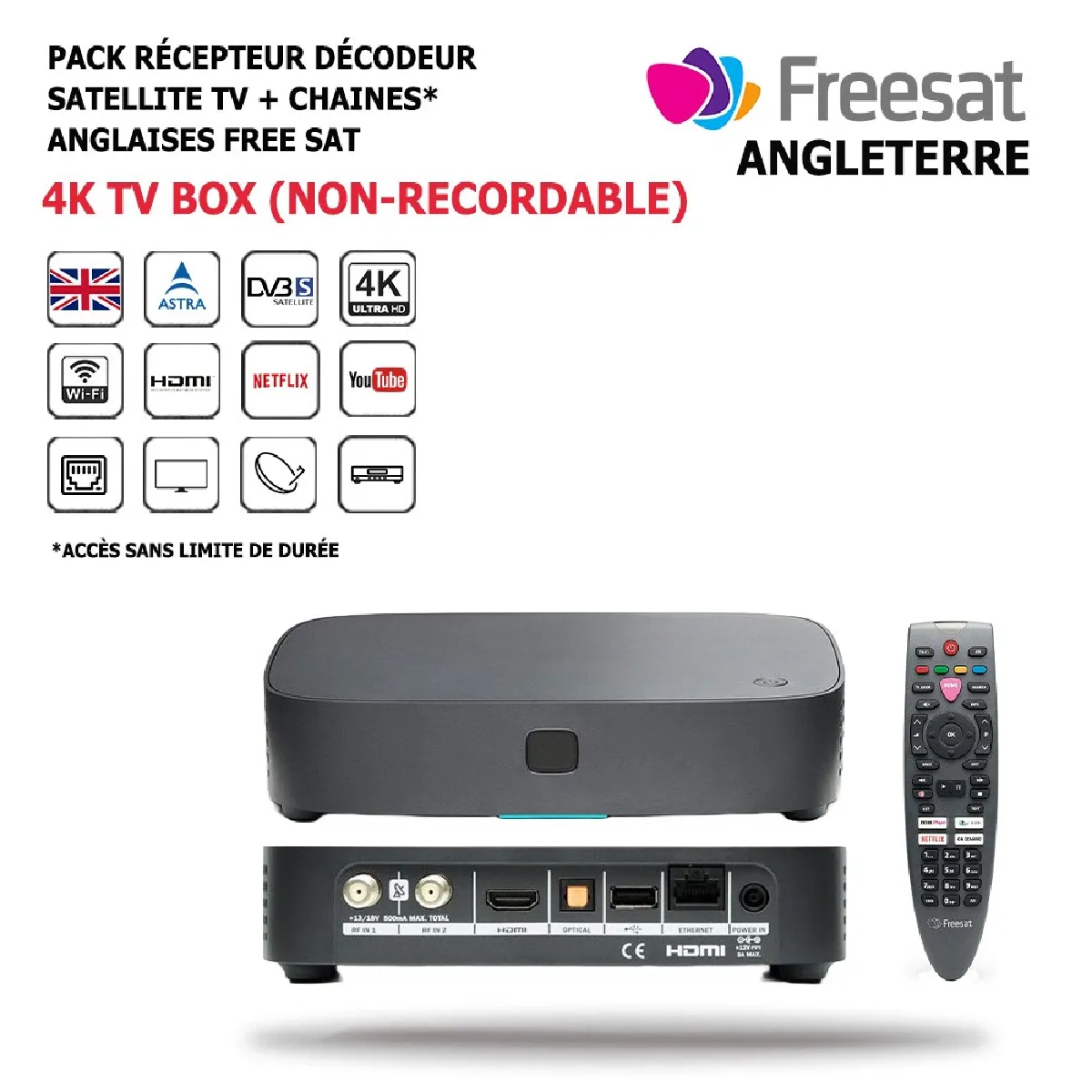 Pack Récepteur Décodeur Satellite 4K TV Box + Chaines Anglaises FREE SAT 106 Chaines, HD, Nationales Internationales