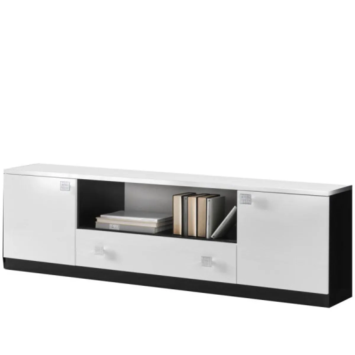 Meuble TV 165 cm Laqué blanc et noir brillant - LASINA