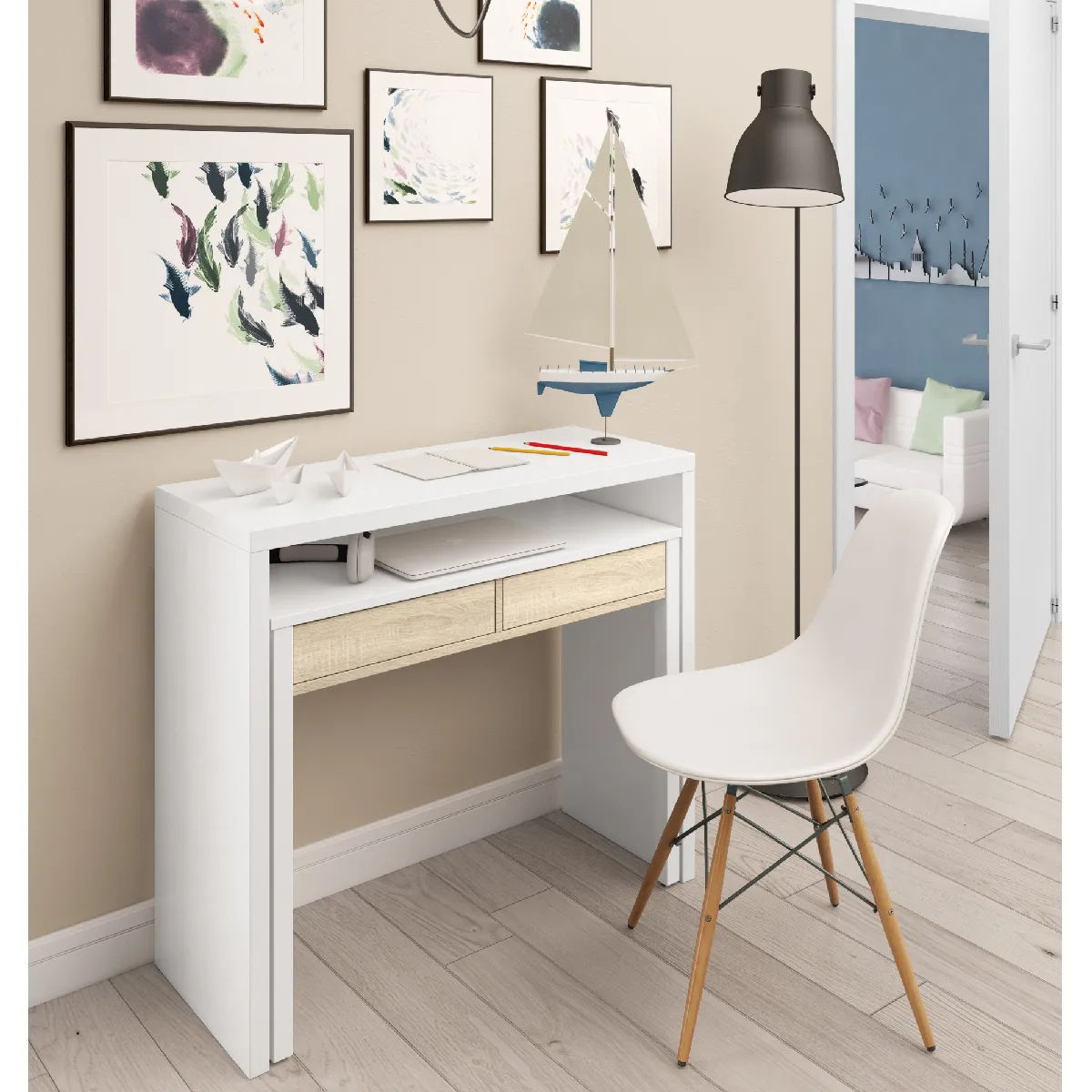 Bureau console extensible avec deux tiroirs, couleur chêne et blanc, Dimensions 98 x 87 x 36 cm (extensible jusqu'à 66 cm)